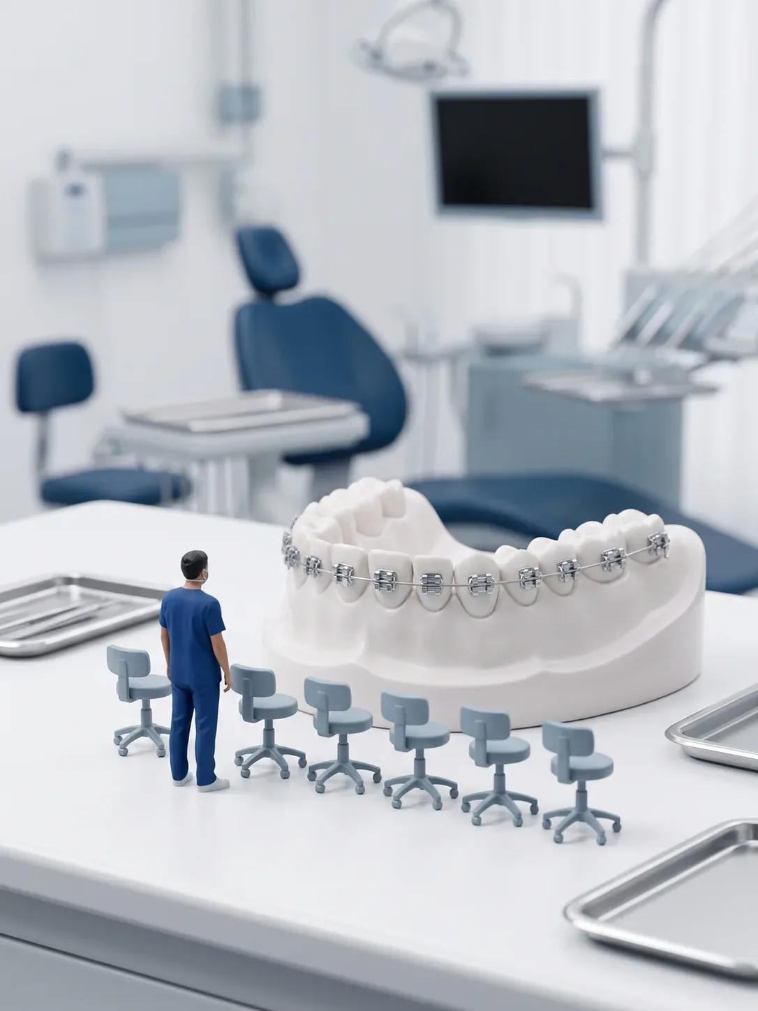 Arcada dental gigante con brackets metálicos y arco de alambre, con seis taburetes idénticos en fila que representan las citas de control de ortodoncia en Metepec