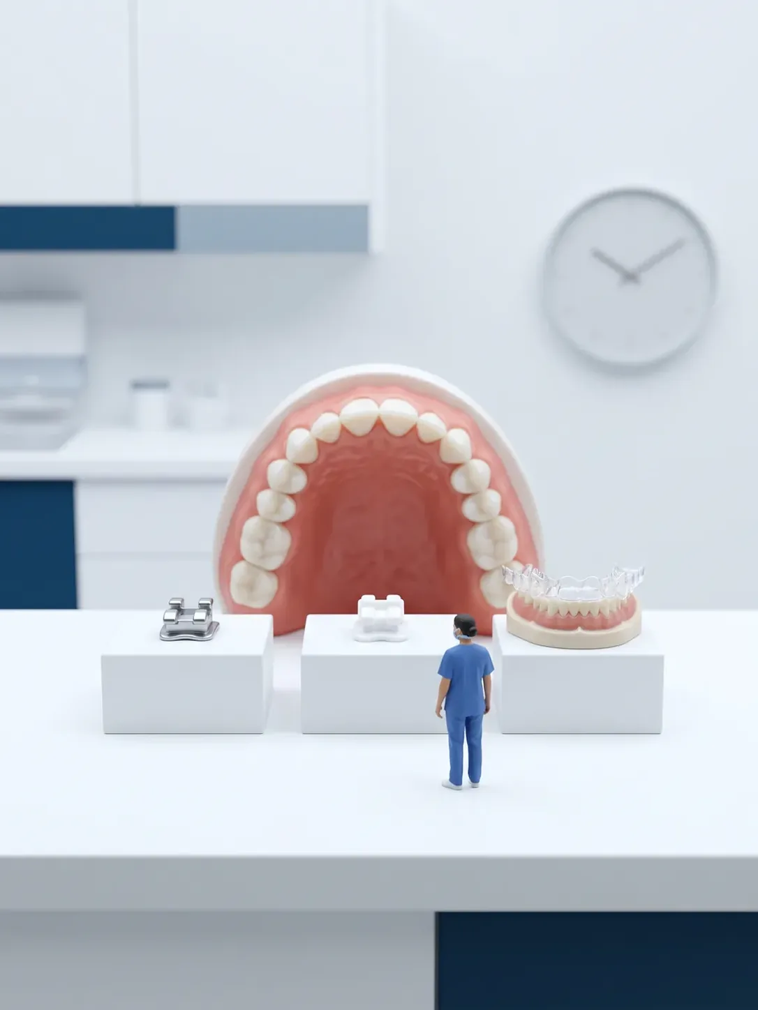 Tres pedestales con un bracket metálico, un bracket cerámico y un alineador transparente sobre su modelo, delante de una arcada dental gigante, en ortodoncia en Toluca