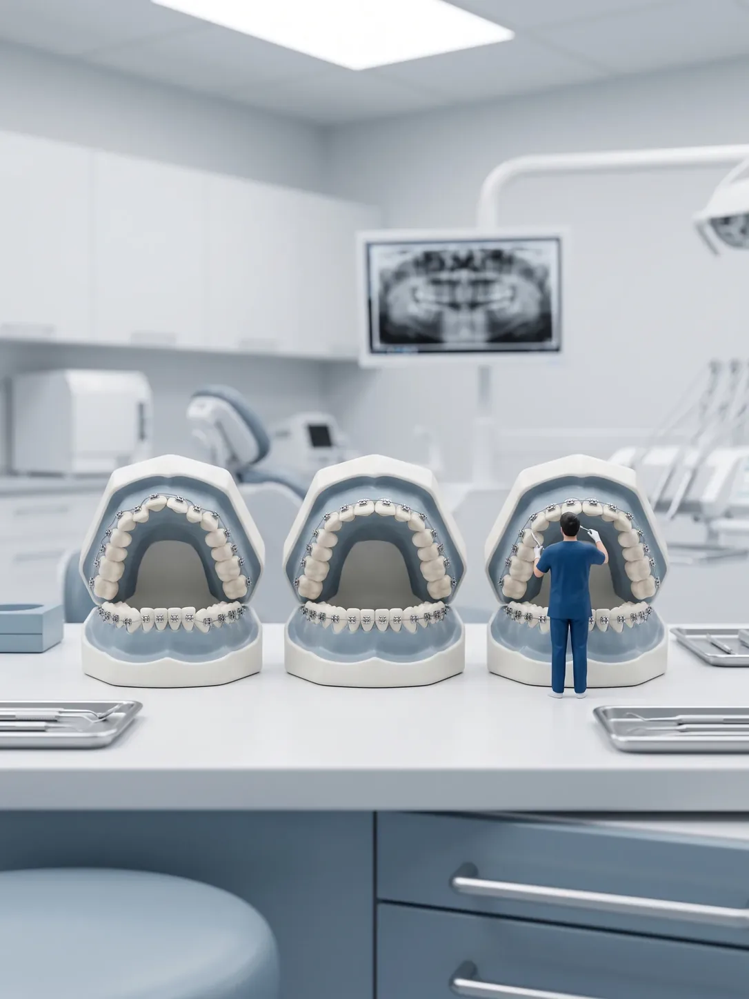 Tres maquetas gigantes de arcada dental alineadas, con brackets en distintas fases de alineación; una figura en miniatura con filipina azul observa la tercera.