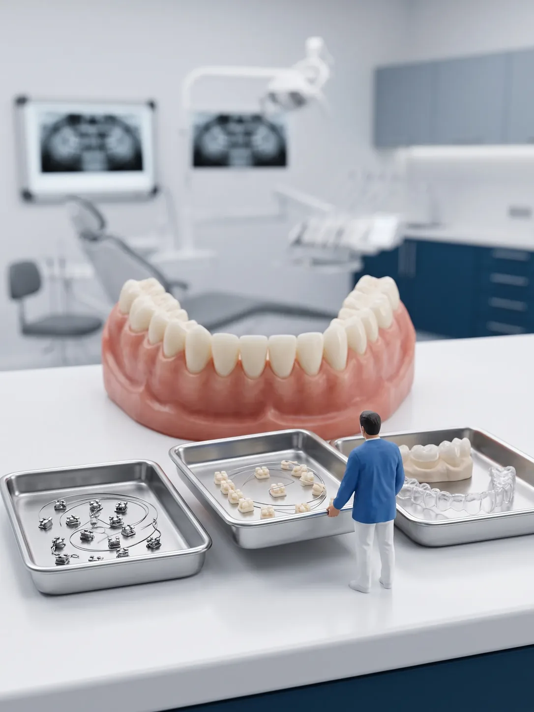 Maqueta gigante de arcada dental; delante, tres charolas de instrumental con brackets metálicos, brackets cerámicos y un alineador transparente. Una figura en miniatura los observa.