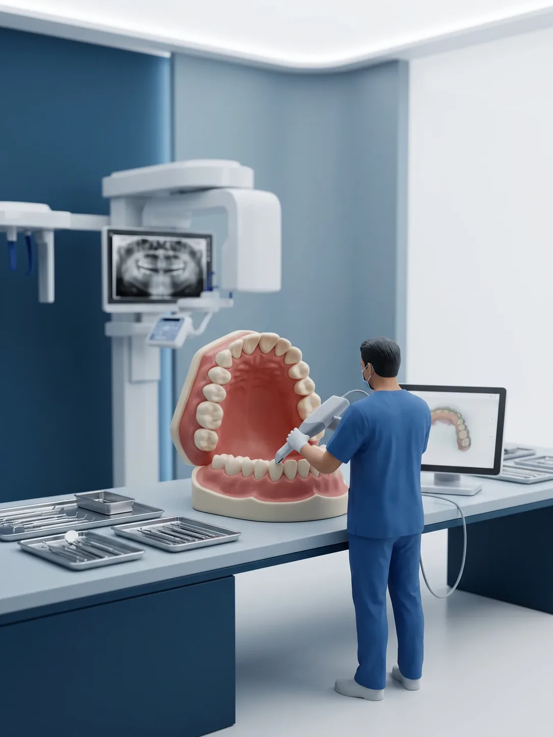 Maqueta gigante de arcada dental; una figura en miniatura con filipina azul la recorre con un escáner intraoral. Al fondo, un equipo de radiografía panorámica y un monitor con el escaneo.