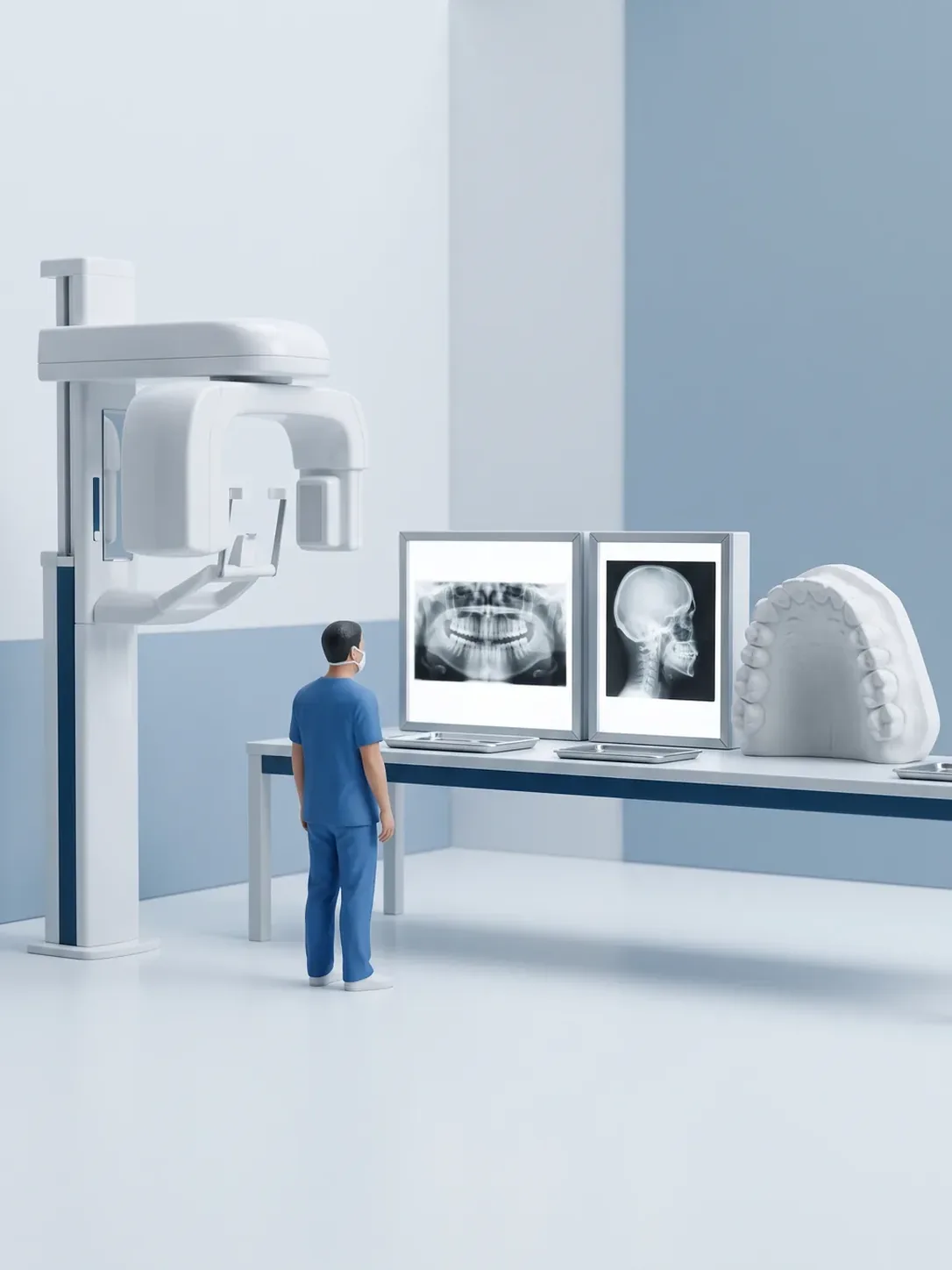 Equipo de radiografía panorámica y lateral de cráneo junto a dos negatoscopios con esos estudios y un modelo de arcada en yeso, en la misma sala de ortodoncia en Toluca
