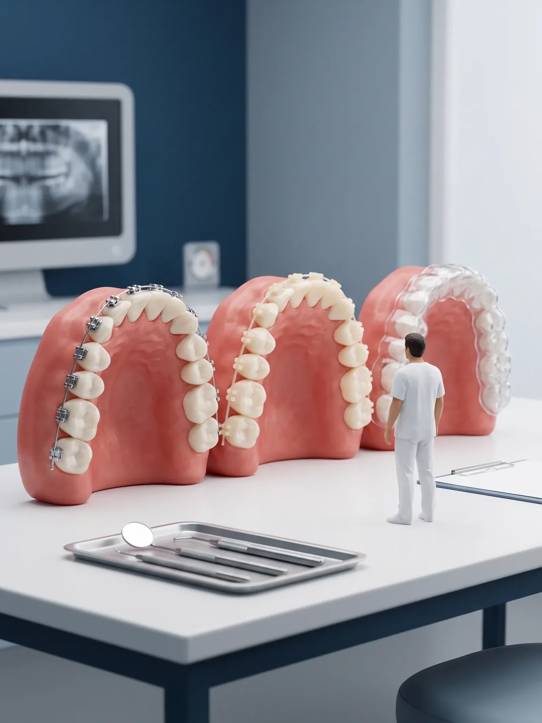 Tres maquetas gigantes de arcada dental una al lado de otra: con brackets metálicos, con brackets del color del diente y con un alineador transparente. Una figura en miniatura con bata blanca las mira.