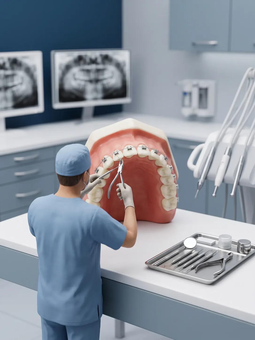 Maqueta gigante de arcada dental con brackets; una figura en miniatura con filipina azul y gorro ajusta el arco con unas pinzas. Al fondo, dos radiografías panorámicas en monitores.