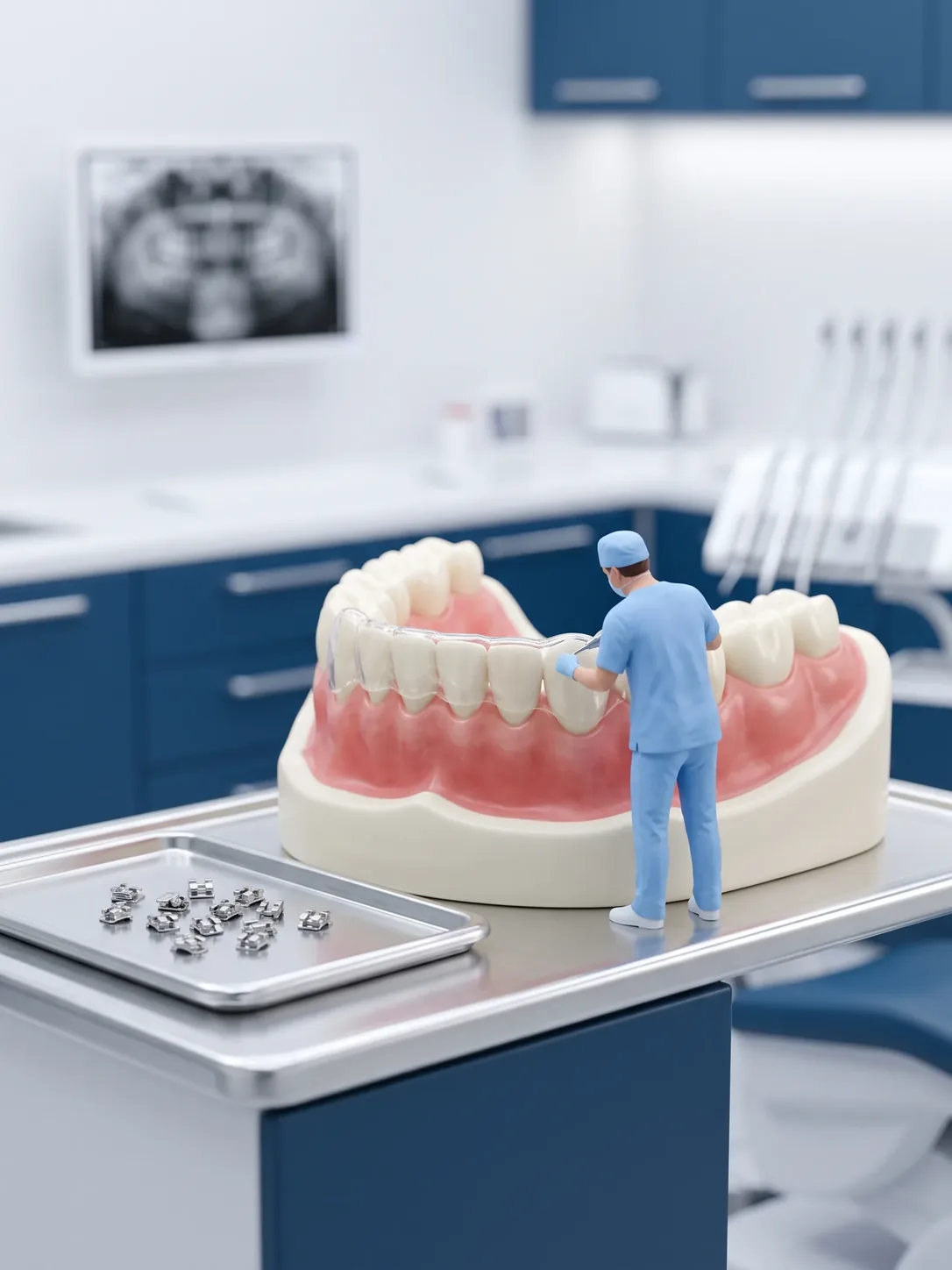 Maqueta gigante de arcada dental; una figura en miniatura con filipina azul trabaja sobre los dientes. En primer plano, una charola con brackets ya retirados.