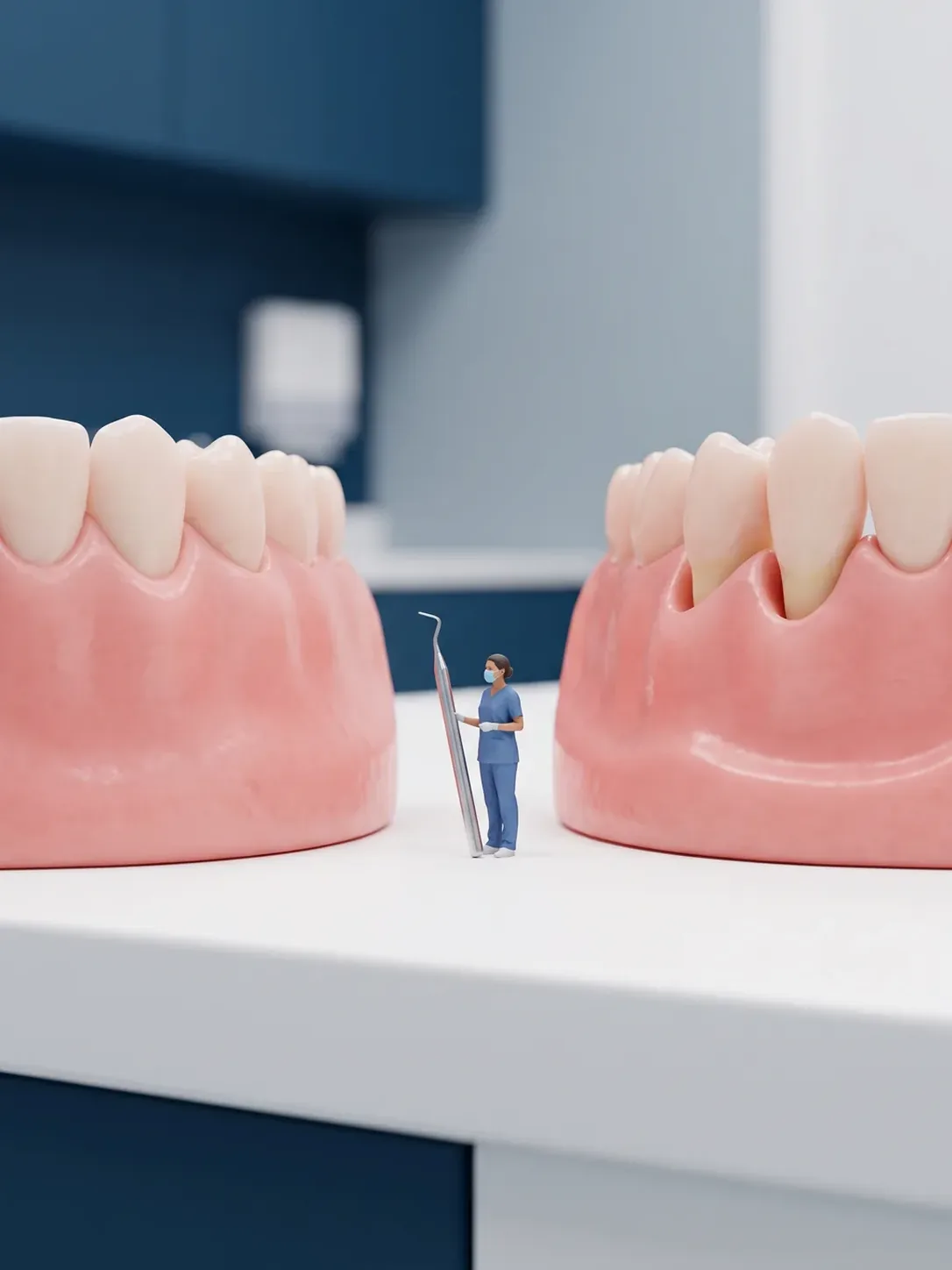 Dos modelos de encía y dientes con el tejido en rosa uniforme: en uno el margen abraza el diente y en el otro el surco es más profundo y la raíz está más expuesta, en periodoncia en Metepec