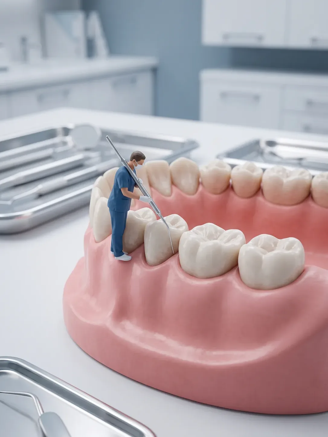 Diorama en miniatura: primer plano de un modelo de encía sana en rosa uniforme mientras una figura de personal dental apoya una sonda periodontal en el surco entre diente y encía