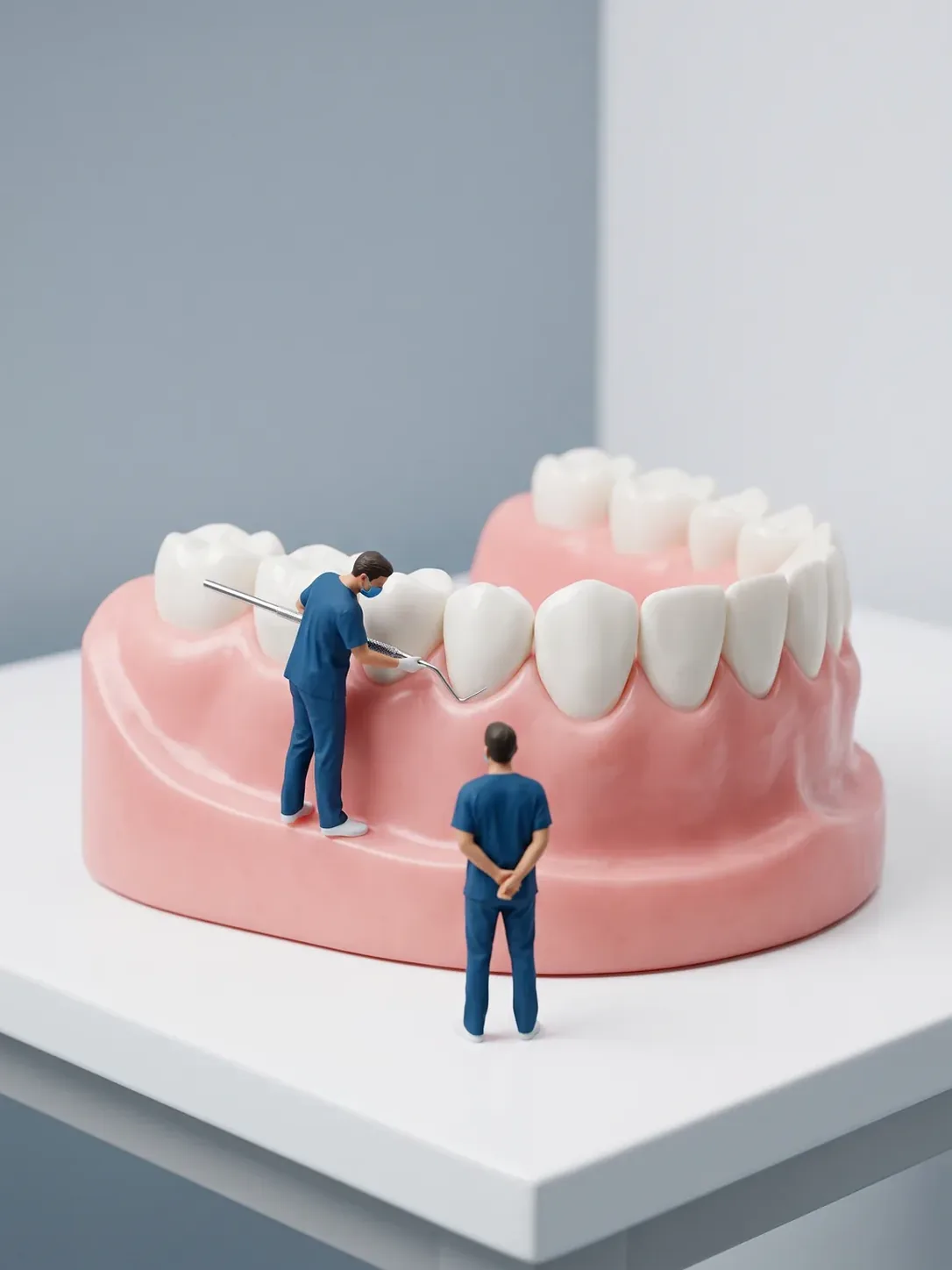 Dos profesionales ante un modelo gigante de encía y dientes de tejido rosa uniforme: uno recorre el margen de la encía con la sonda periodontal y el otro observa, en la primera cita de periodoncia en Toluca