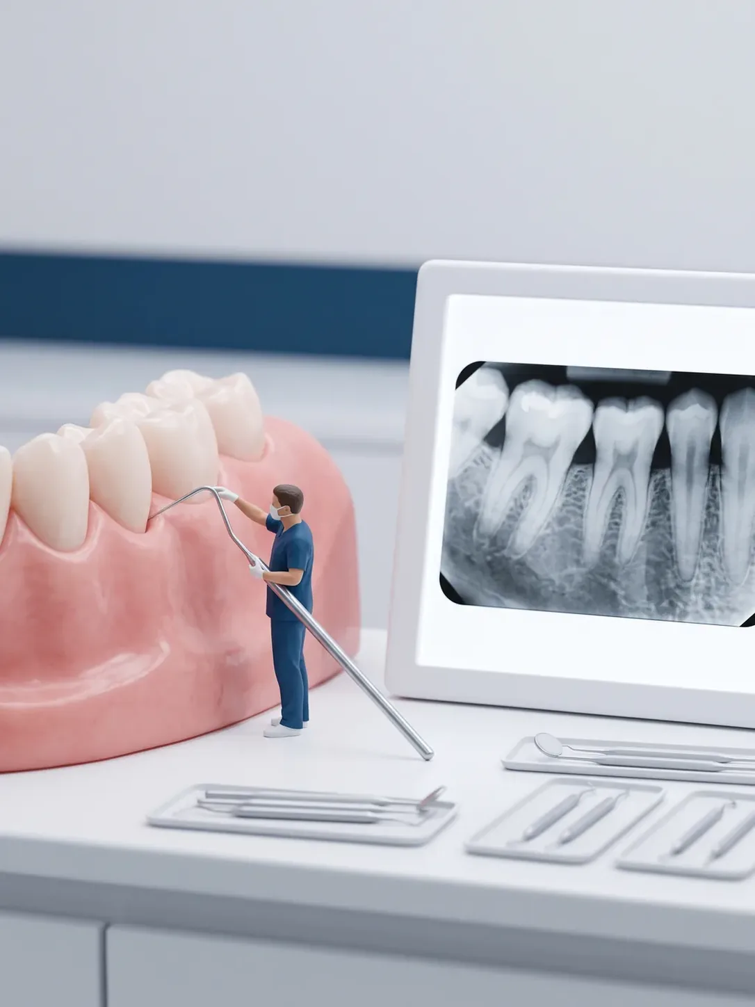 Sonda periodontal introducida con delicadeza en el surco de un modelo gigante de encía y dientes, junto al negatoscopio que muestra las raíces y el nivel de hueso, en periodoncia en Metepec
