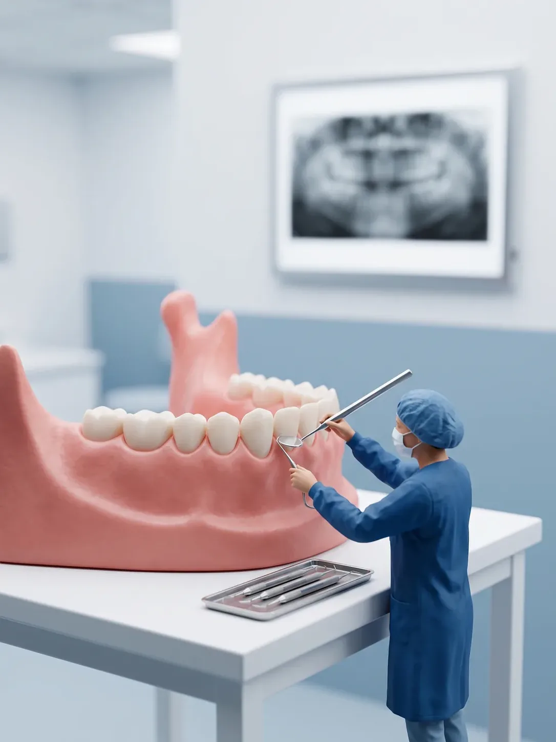 Periodoncista trabajando con espejo y cureta bajo el margen de la encía en un modelo gigante de tejido sano, con su bandeja de curetas al lado, en Novodent Metepec