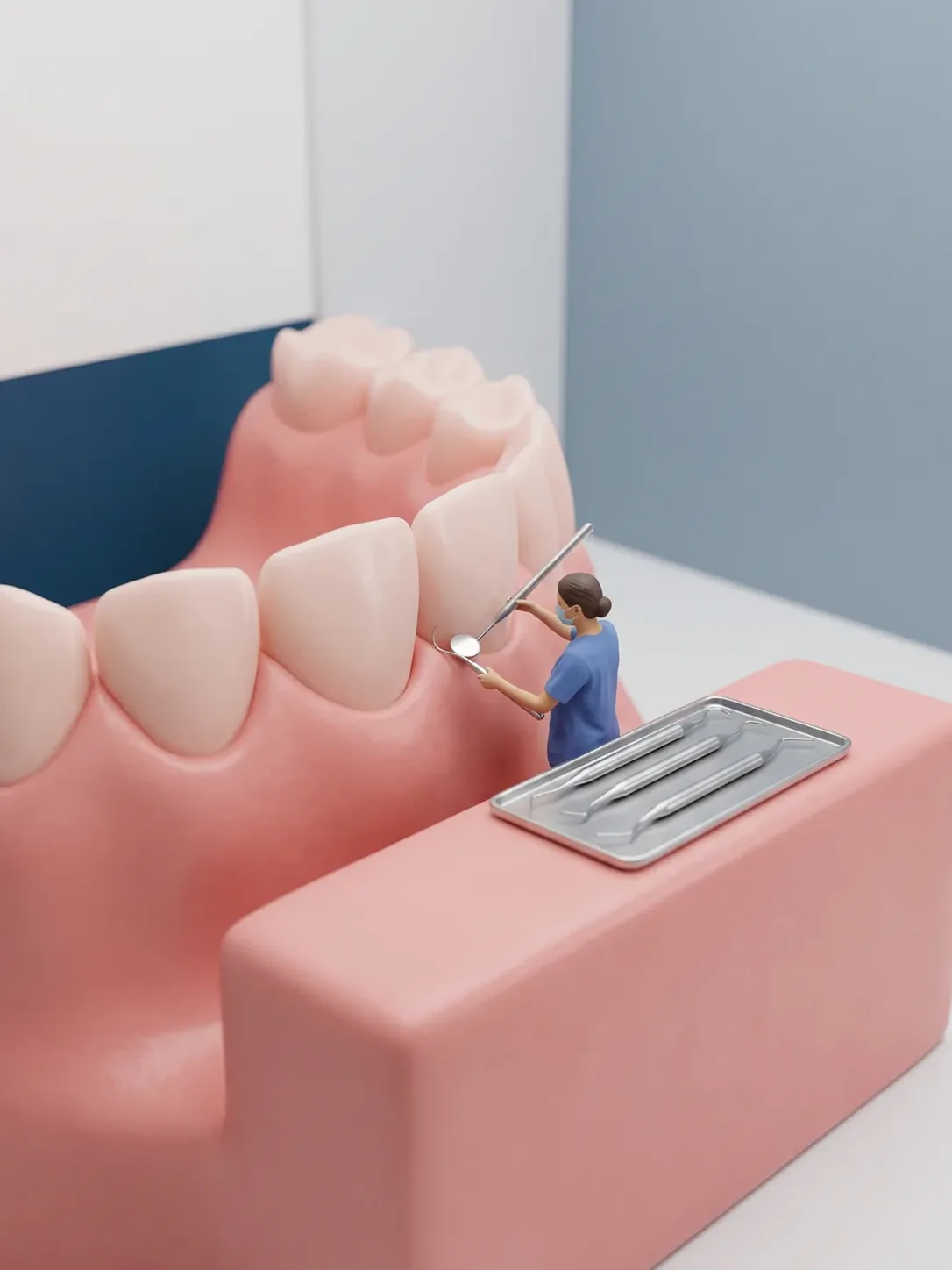 Periodoncista trabajando con espejo y cureta bajo el margen de la encía en un modelo gigante de encía y dientes, con su bandeja de curetas al lado, en Novodent Toluca