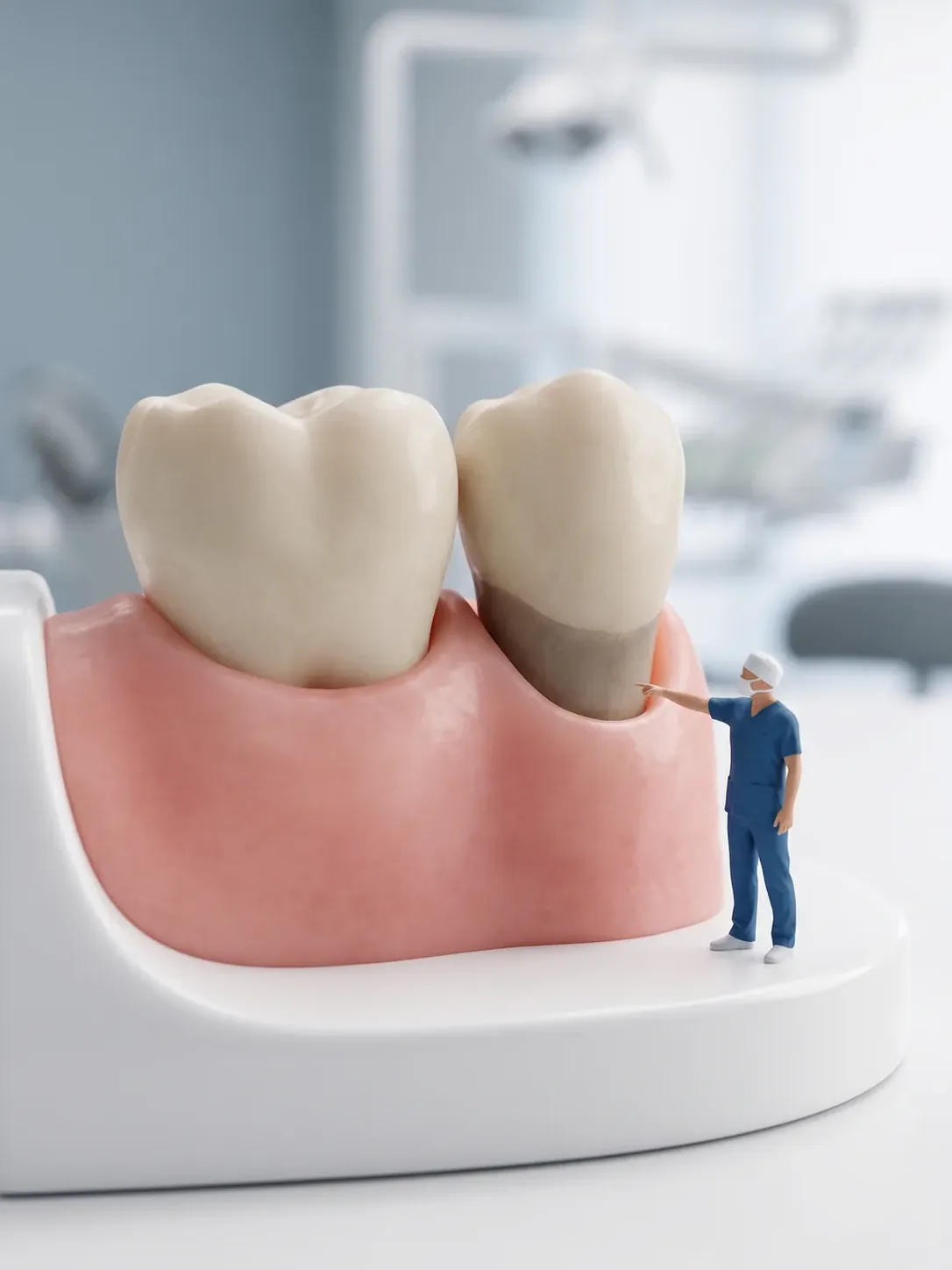 Diorama en miniatura: dos dientes vecinos de un modelo anatómico, uno con el borde de la encía más bajo que deja a la vista una franja de raíz, señalada por una figura de personal dental