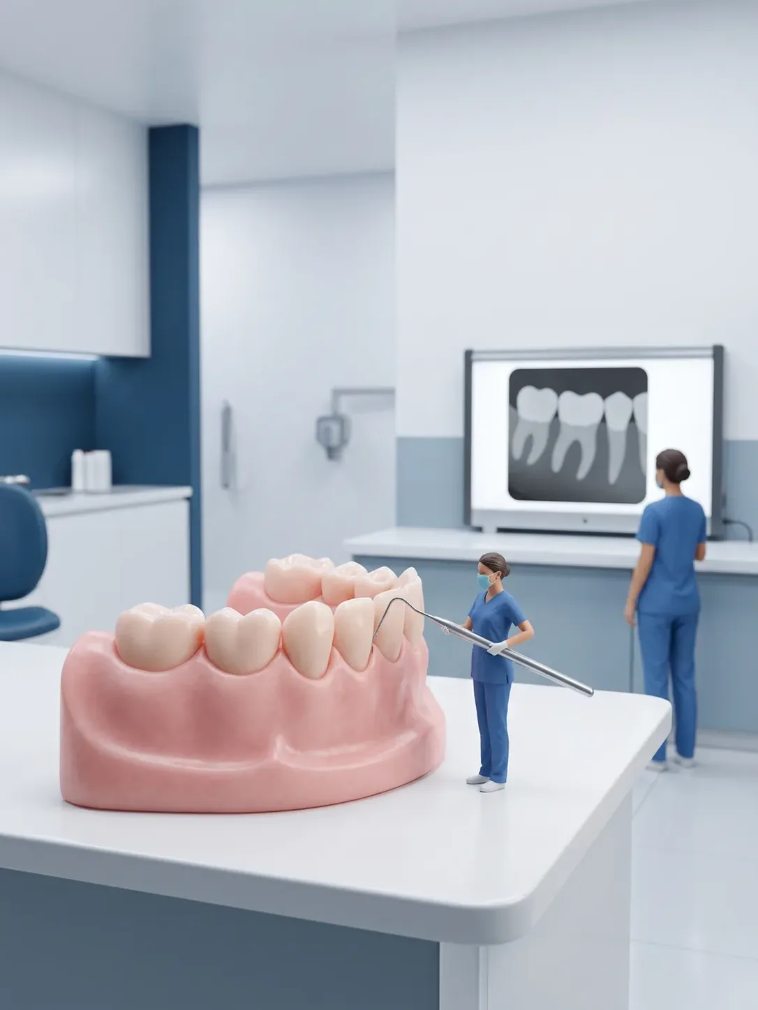 Sonda periodontal apoyada en el surco de un modelo gigante de encía sana y, en la misma sala, el negatoscopio con la radiografía de ese mismo sector, en periodoncia en Toluca