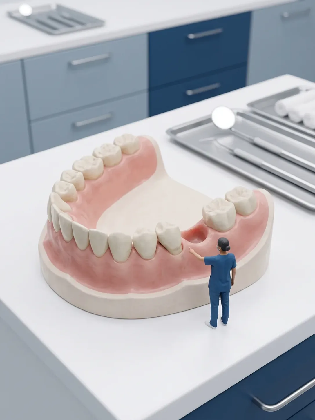 Diorama en miniatura: una arcada dental gigante con un hueco en el sector posterior y los dientes vecinos inclinados hacia él, señalados por una figura de personal dental