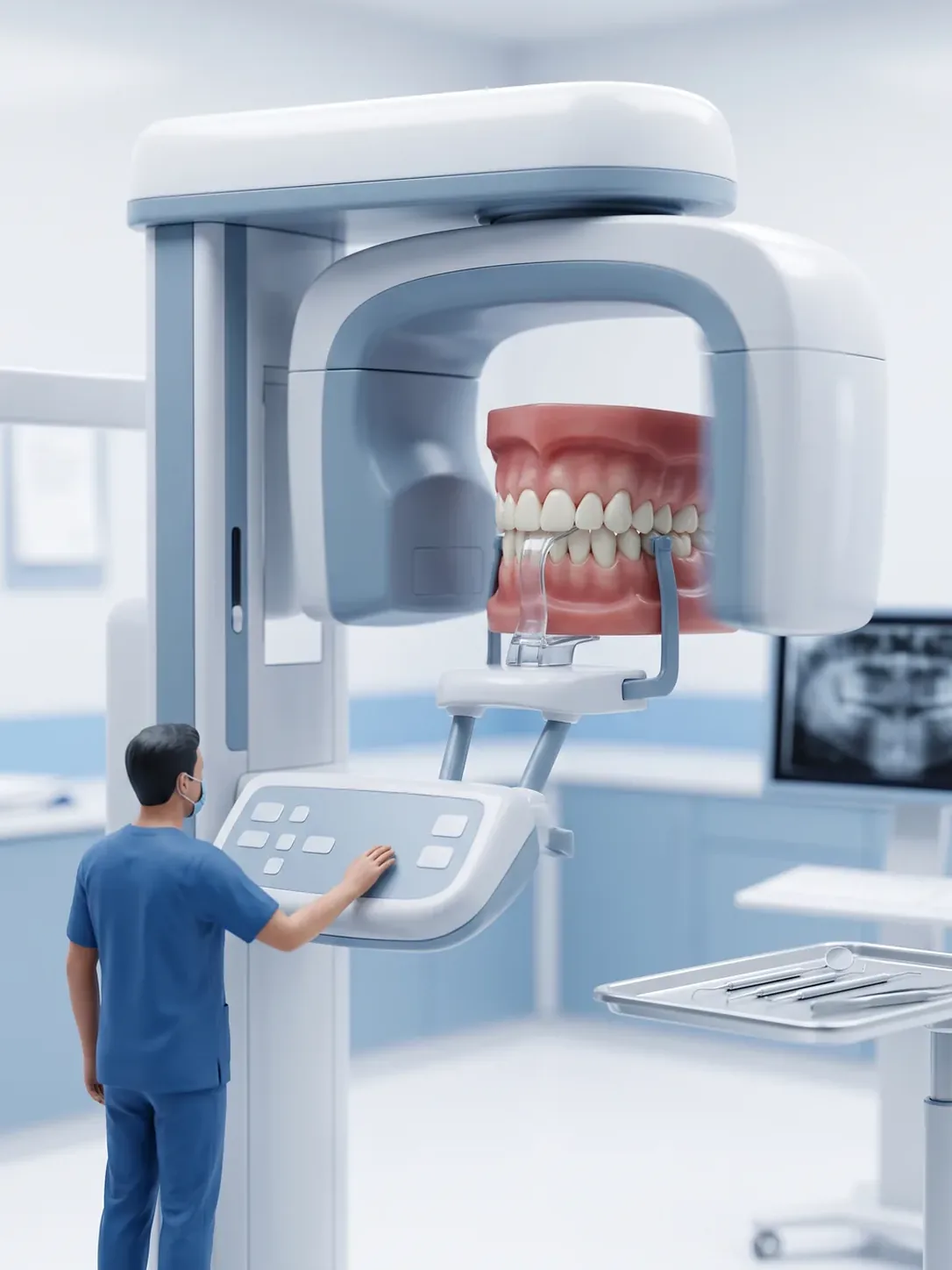 Diorama en miniatura: equipo de radiografía panorámica con el brazo en C a media vuelta y una arcada dental gigante mordiendo la pieza de mordida, con una figura en el mando