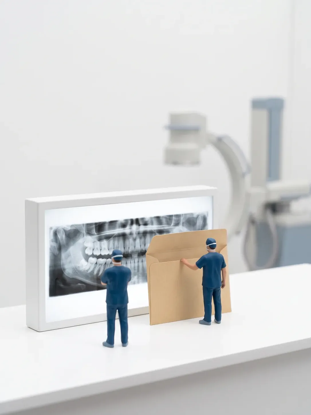 Un profesional con la mano en la solapa del sobre de radiografías y otro observando la panorámica en el negatoscopio, con el equipo de radiología al fondo, en Metepec