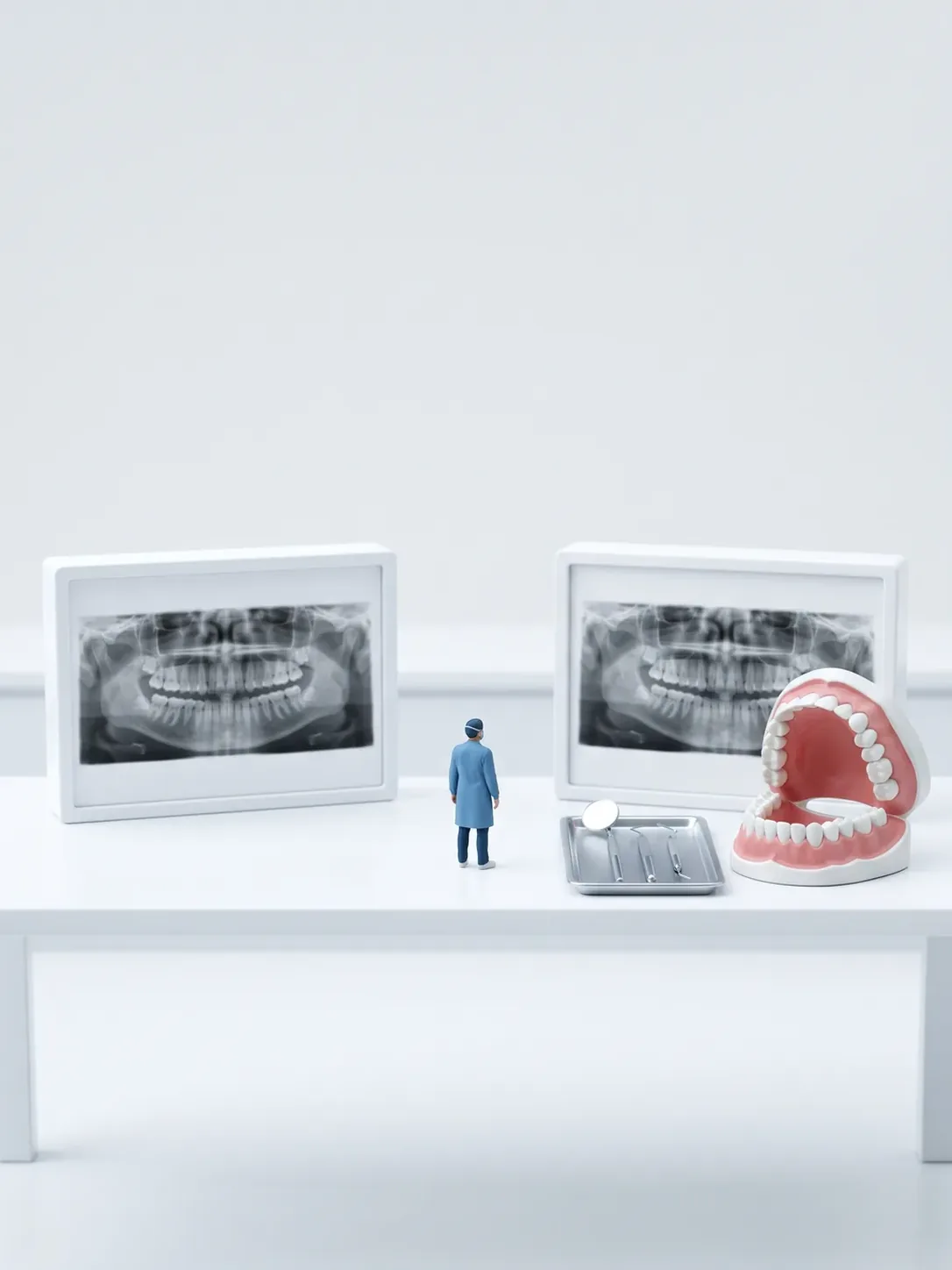 A un lado la radiografía panorámica sola en su negatoscopio; al otro, la misma placa acompañada de la bandeja de revisión y una arcada dental, en Novodent para pacientes de Toluca
