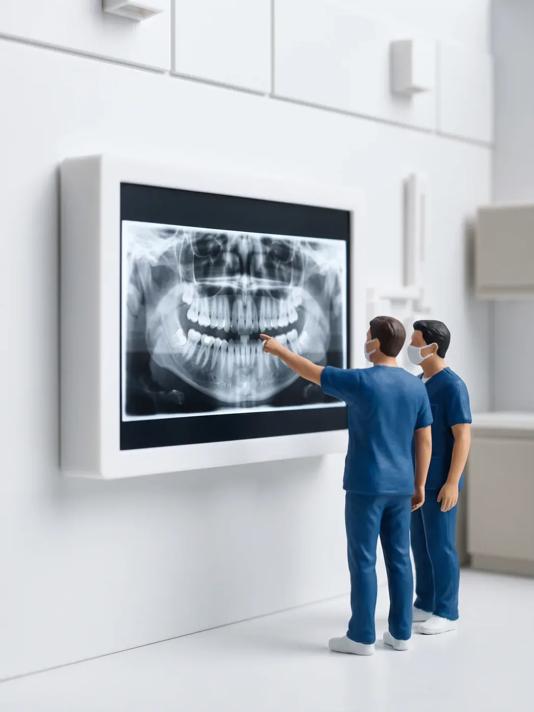 Diorama en miniatura: dos figuras de personal dental frente a una pantalla de pared con una radiografía panorámica; una de ellas señala una zona de la imagen.