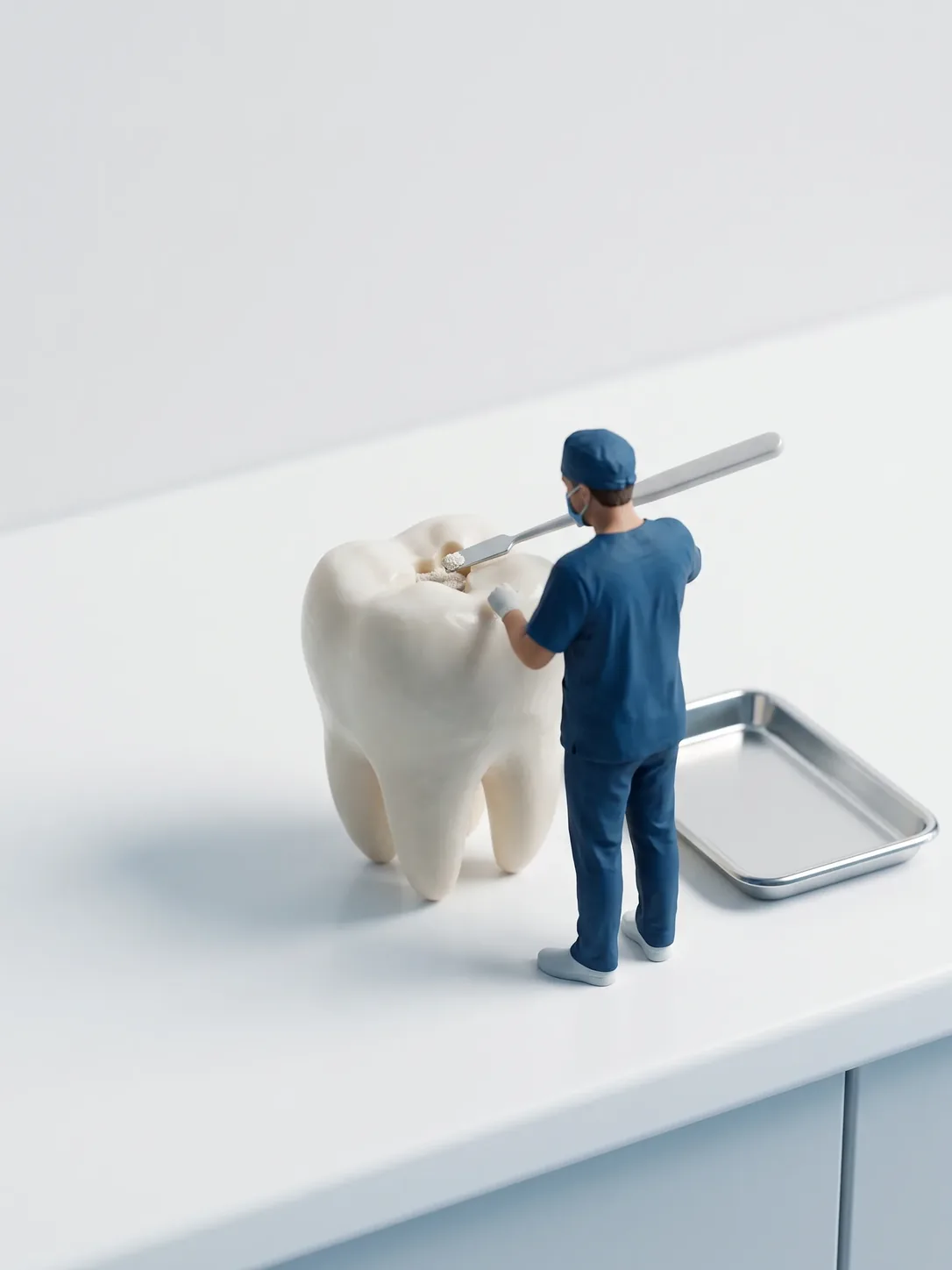 Figura en miniatura aplicando material con una espátula sobre la cavidad de un molar a escala gigante