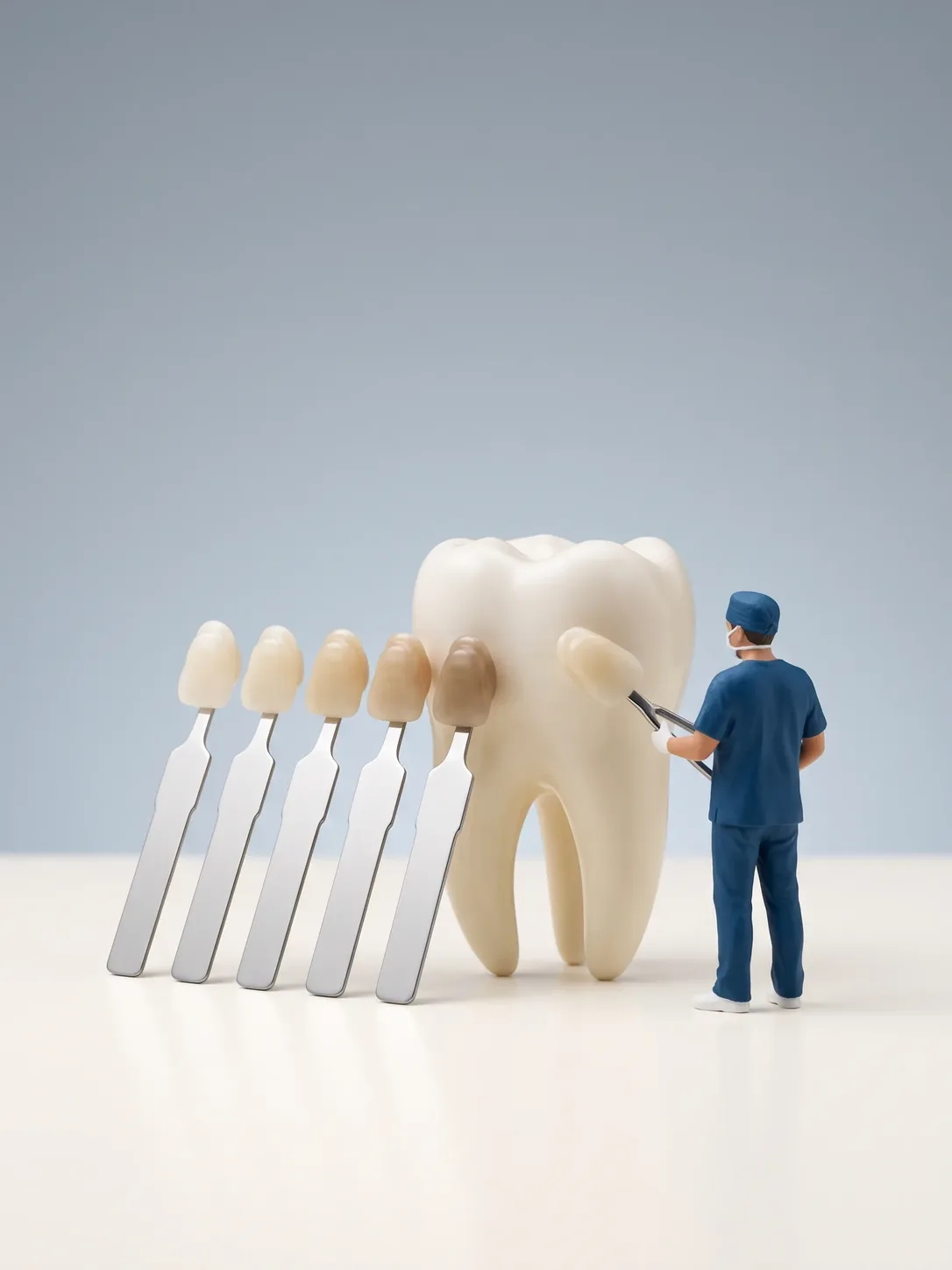 Muestras de color dental en mangos metálicos alineadas junto a un molar gigante, mientras una figura en miniatura compara una de ellas contra el diente