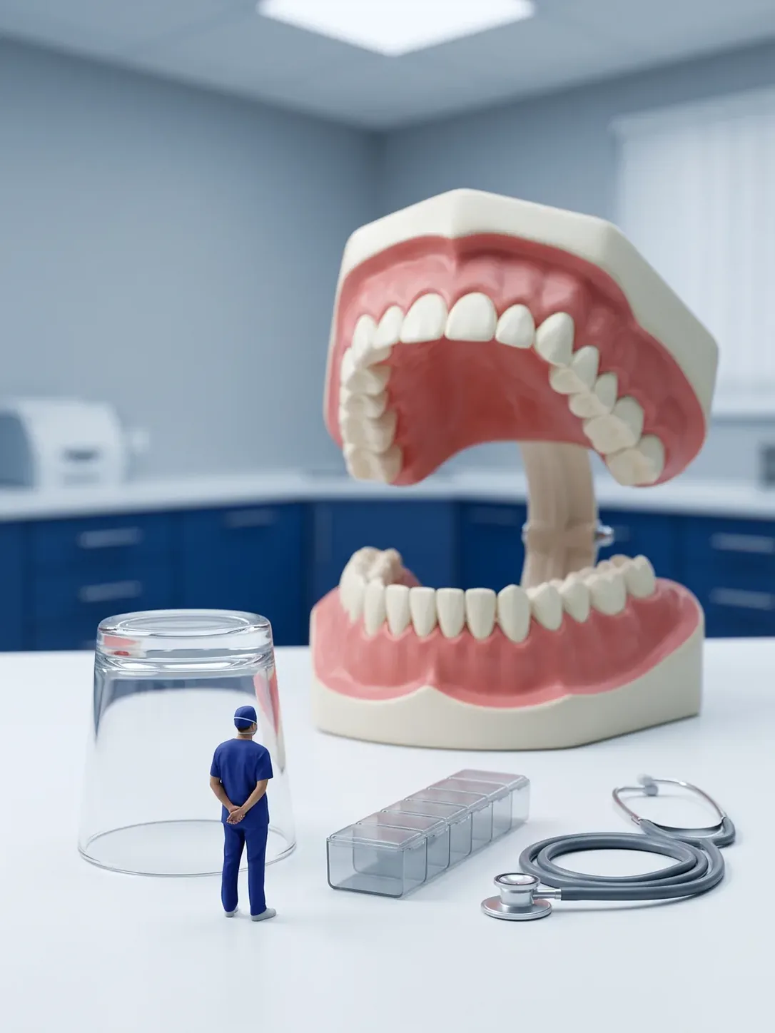 Diorama en miniatura: un vaso de vidrio vacío boca abajo, un pastillero vacío y un estetoscopio alineados delante de una arcada dental gigante