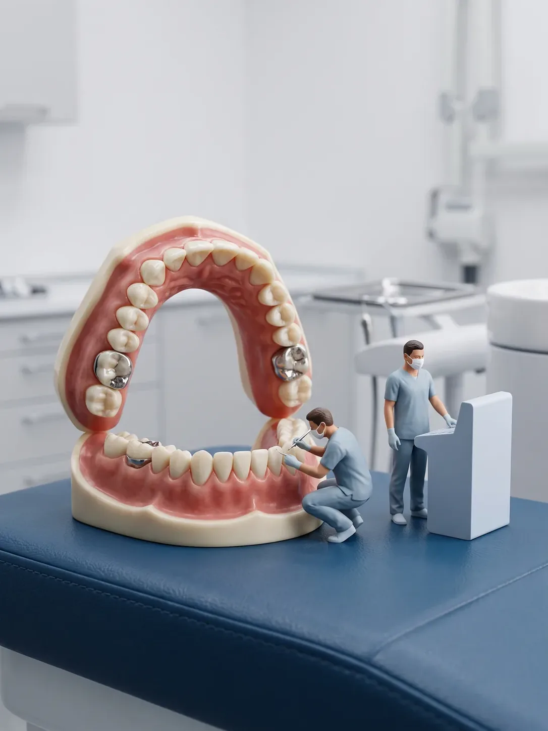 Dos profesionales en tareas simultáneas junto a una arcada dental gigante: uno trabaja sobre un diente y el otro atiende la consola clínica, en sedación consciente en Metepec