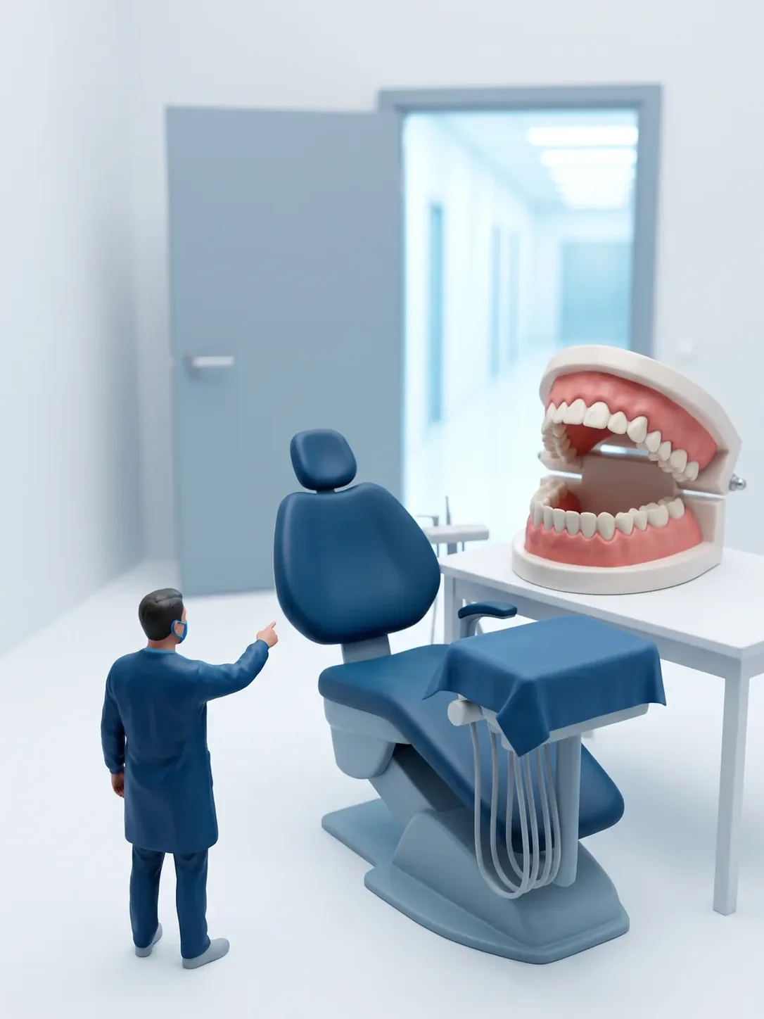 Diorama en miniatura: un sillón dental vacío con la bandeja cubierta por un paño y una figura de personal dental señalando hacia un corredor iluminado