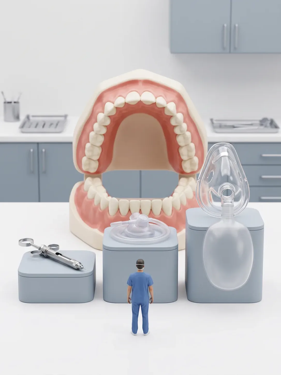 Tres pedestales de altura creciente con una jeringa dental, una mascarilla nasal pequeña y una mascarilla facial con reservorio, ante una arcada gigante, en sedación infantil para pacientes de Toluca