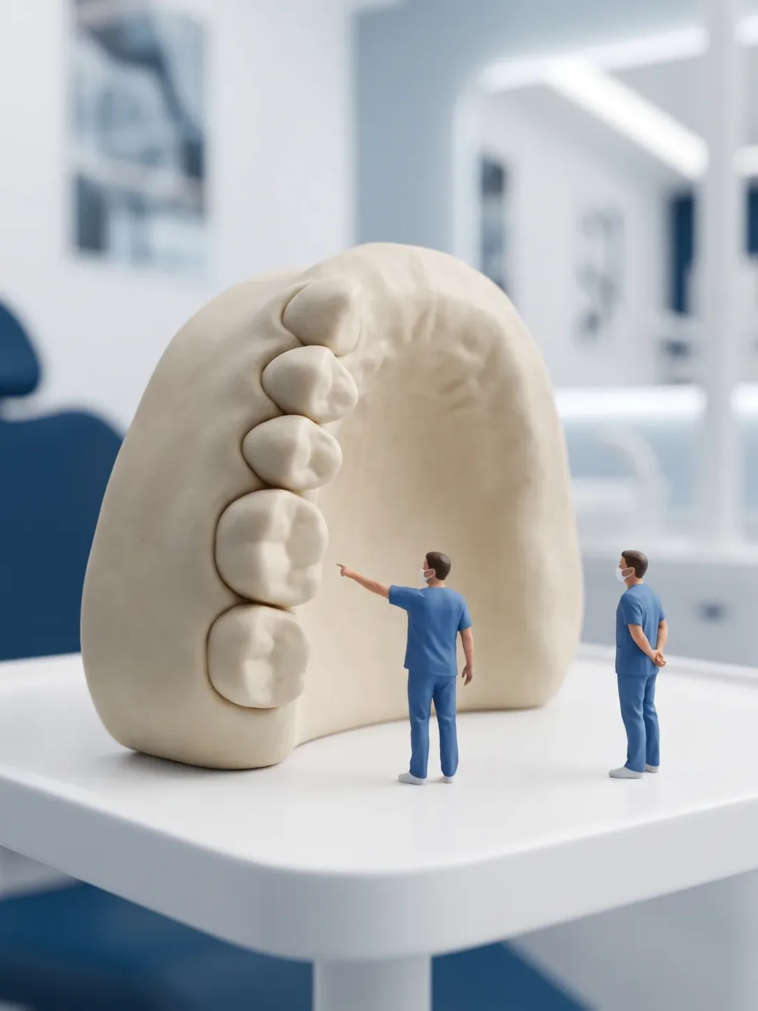 Diorama en miniatura: dos figuras de personal dental ante una maqueta gigante de arcada vista de perfil; una señala una de las piezas posteriores y la otra observa.