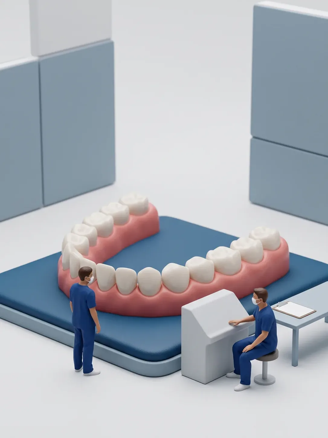 Diorama en miniatura: una maqueta gigante de arcada dental sobre una plataforma azul, con una figura de personal de pie al lado y otra sentada ante una consola.