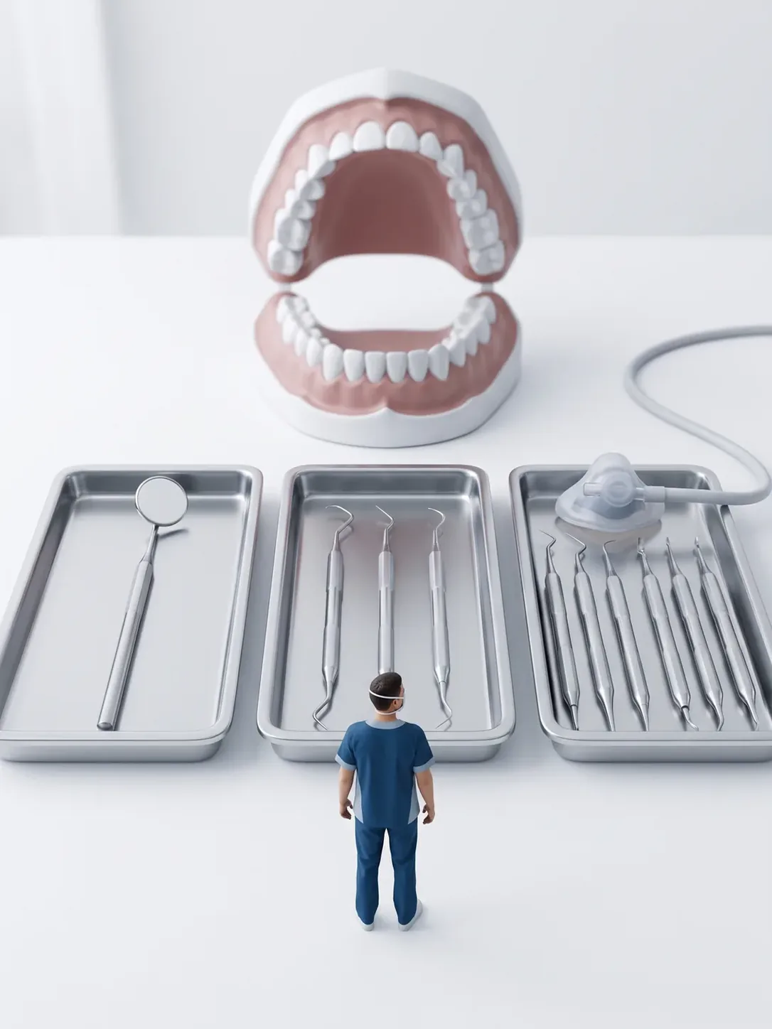 Tres bandejas con carga creciente, de un solo espejo a seis instrumentos con mascarilla nasal, ante una arcada dental gigante: la sedación es el último recurso, en Metepec