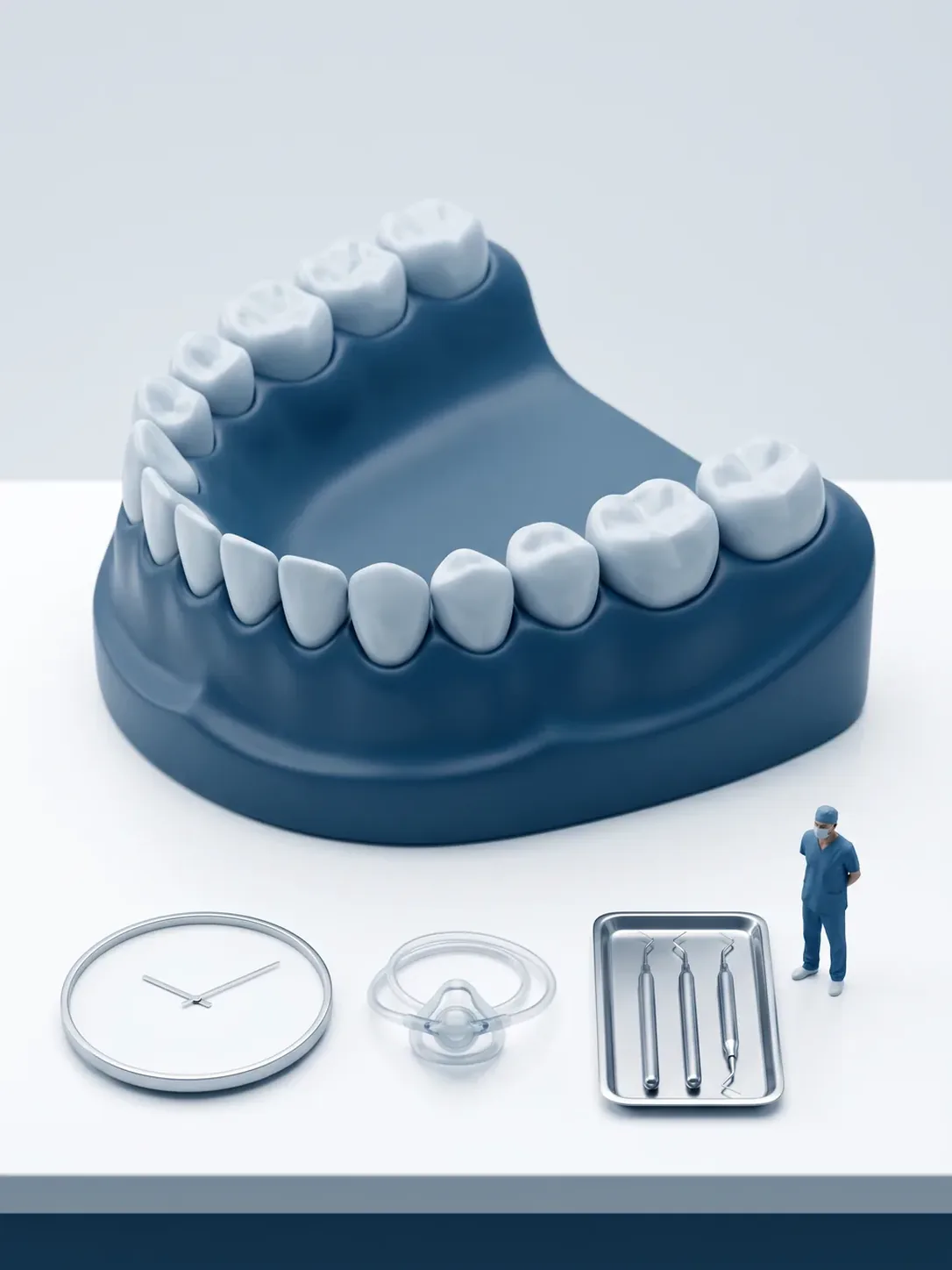 Diorama en miniatura: una maqueta gigante de arcada dental y, delante, un reloj sin cifras, un abrebocas y una bandeja de instrumental, con una figura de personal dental al lado.