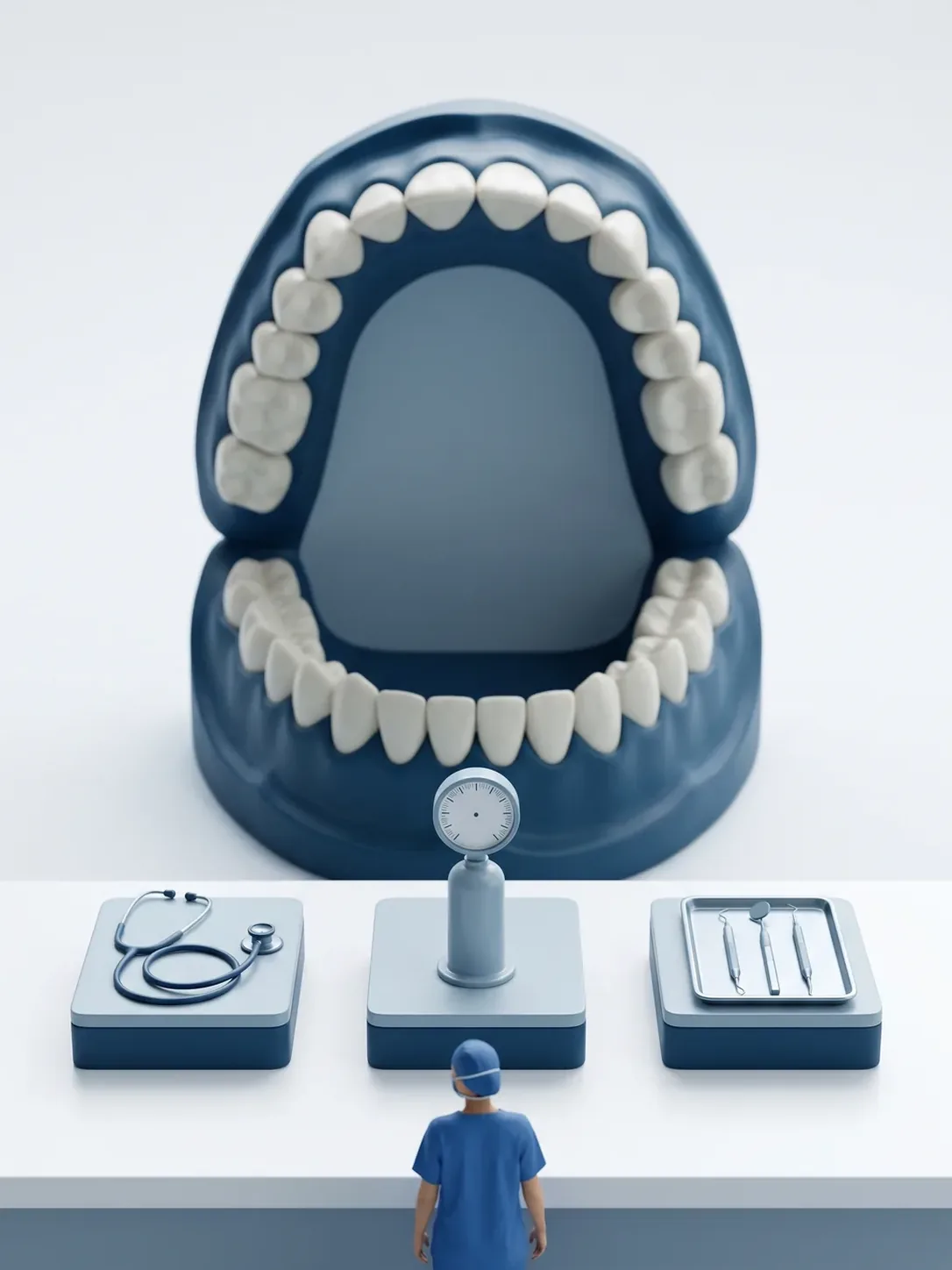Tres pedestales con el estetoscopio de la valoración, el manómetro de la columna de gas y la bandeja del tratamiento dental, ante una arcada gigante, en sedación infantil para pacientes de Toluca