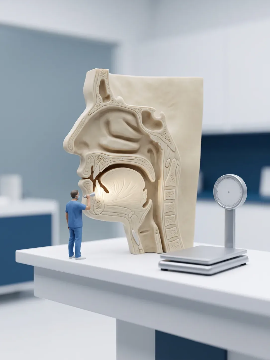 Diorama en miniatura: un modelo anatómico de corte sagital de cabeza y cuello con la vía aérea iluminada; una figura de personal dental la señala, y al lado hay una báscula.