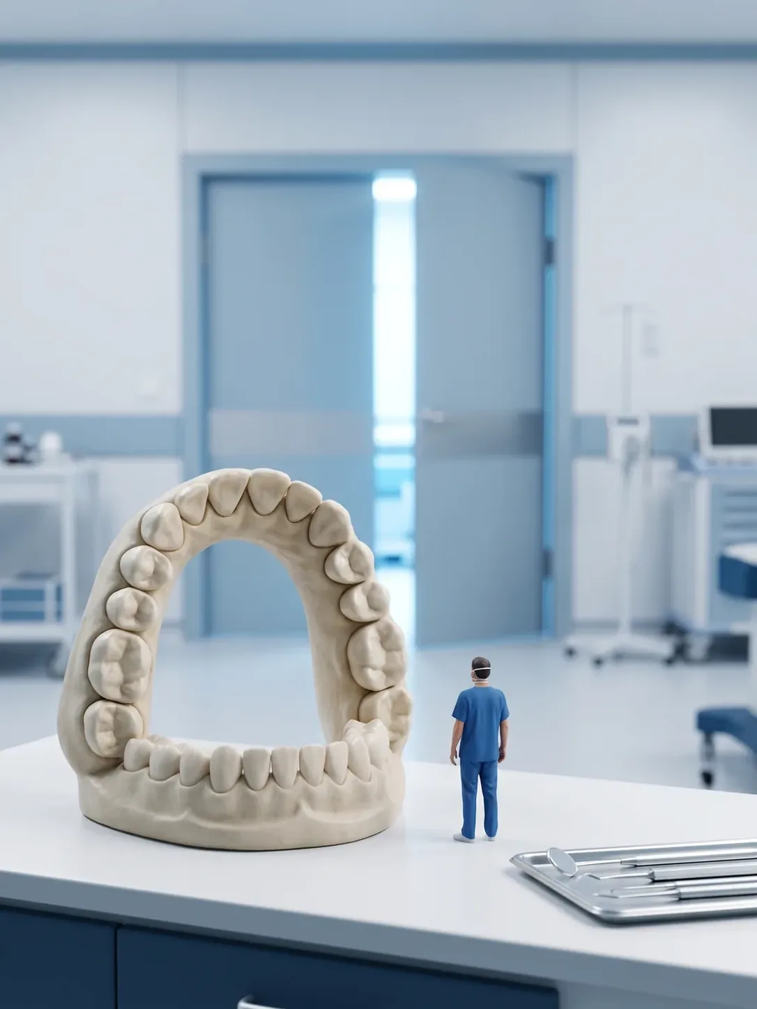 Diorama en miniatura: una maqueta gigante de arcada dental sobre una encimera y una figura de personal dental de espaldas, mirando hacia una puerta entreabierta al fondo.