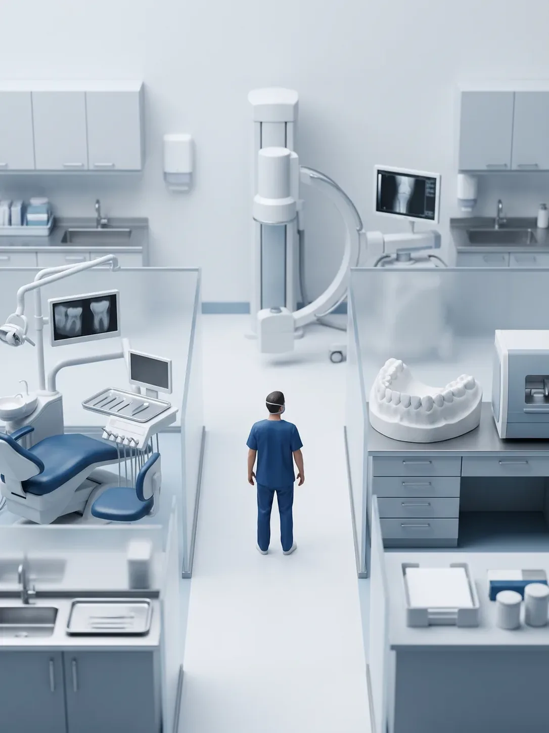 Vista cenital de la clínica con el consultorio, el equipo de radiología de brazo en C y el banco de laboratorio con fresadora alrededor de un mismo pasillo, en Novodent Toluca y Metepec