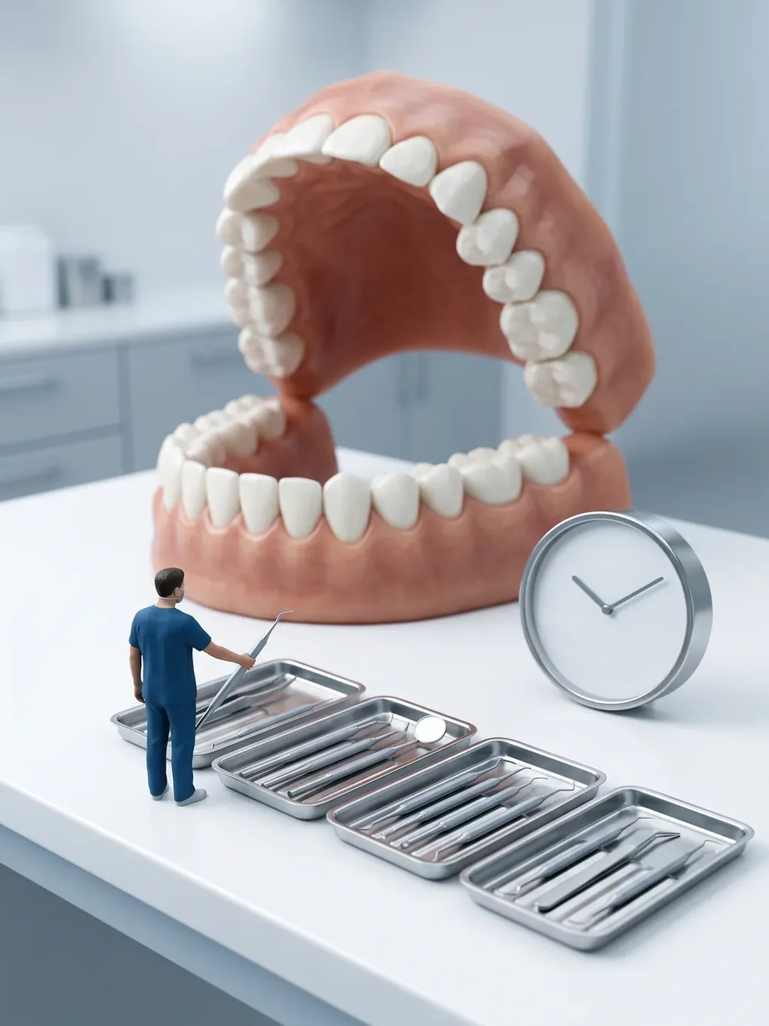 Diorama en miniatura: cuatro bandejas de instrumental alineadas, una por etapa del tratamiento, ante una arcada dental gigante y un reloj sin cifras