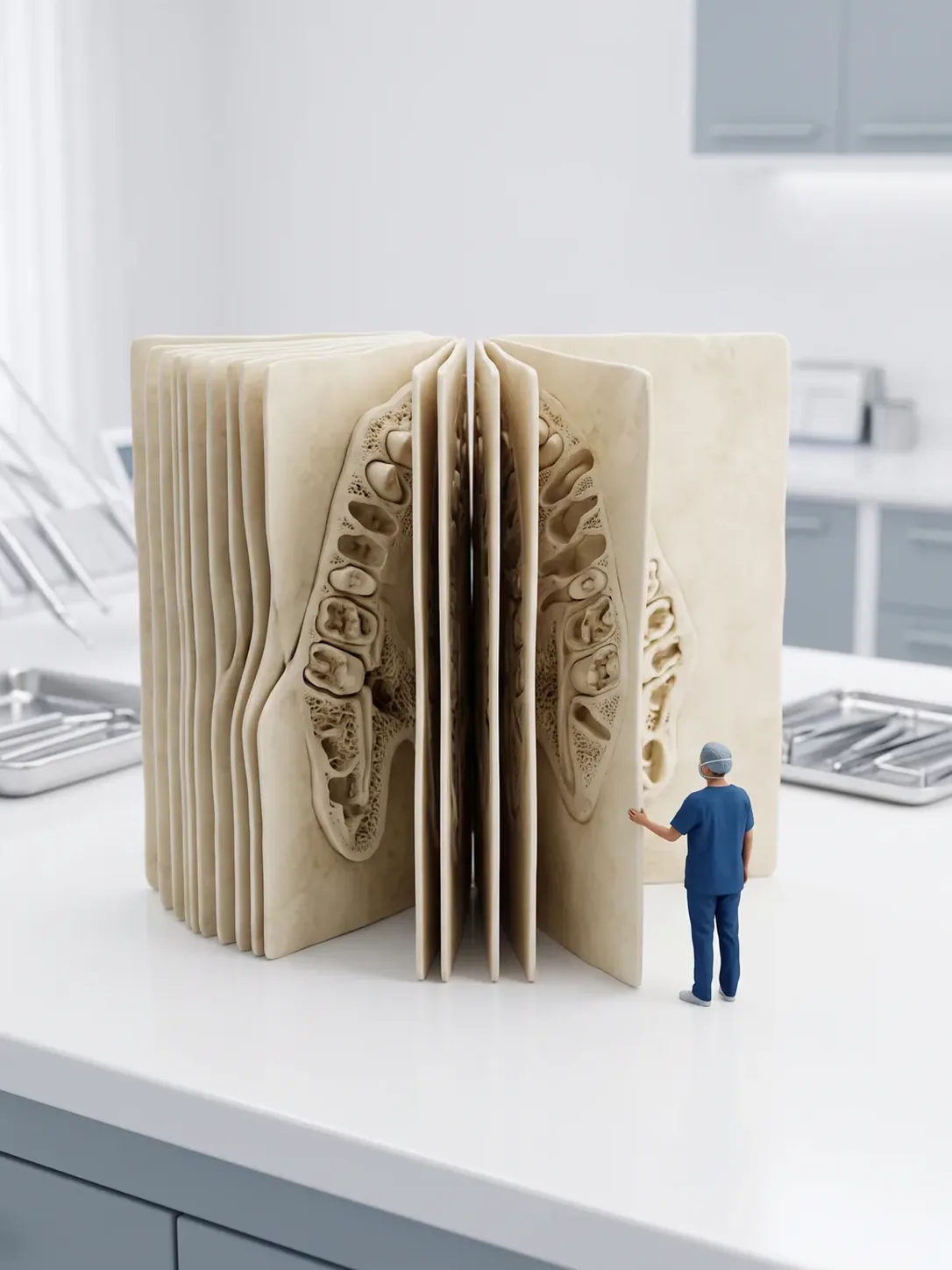 Diorama en miniatura: un bloque anatómico gigante de maxilar seccionado en láminas paralelas, abiertas como las hojas de un libro, que dejan ver el interior del hueso y las raíces