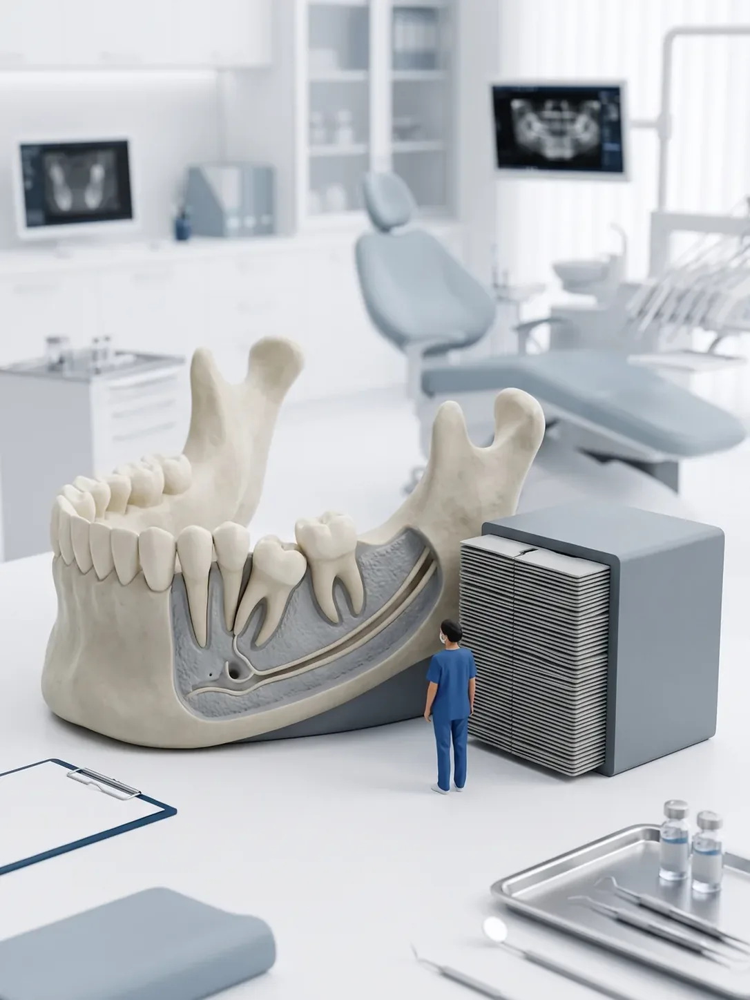 Modelo de mandíbula seccionada con un tercer molar inclinado y el trayecto del conducto nervioso, junto al bloque de volumen por cortes, en tomografía dental 3D para pacientes de Toluca