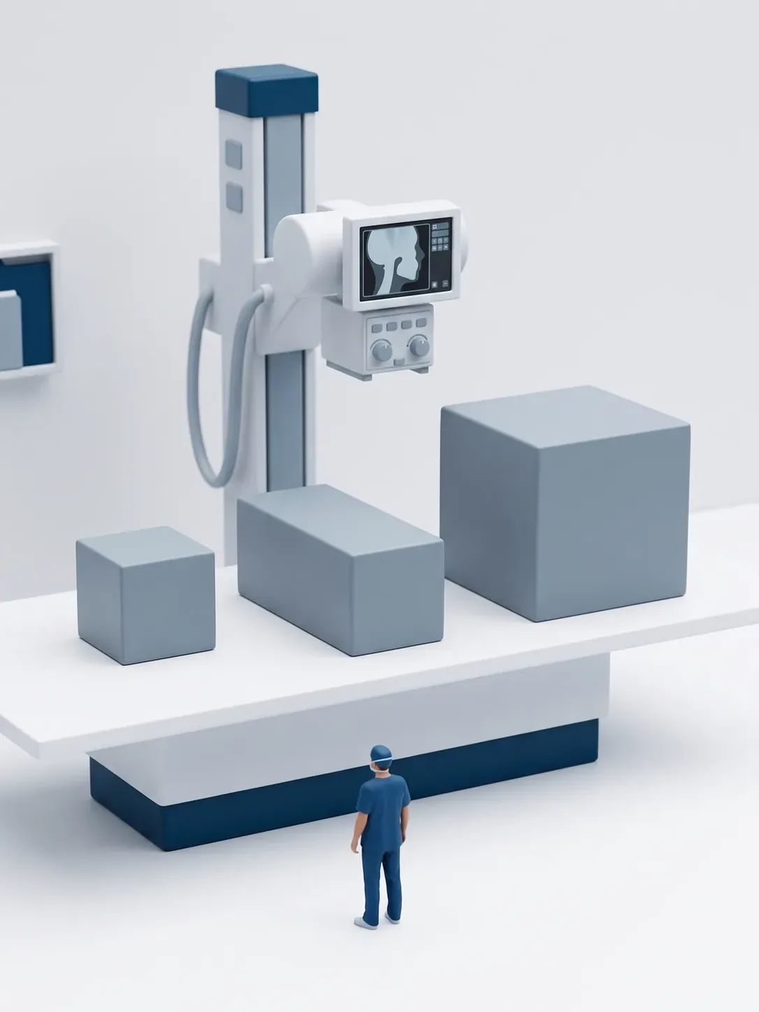 Tres bloques de volumen de tamaño creciente delante del equipo de radiología, que representan los distintos campos de visión de la tomografía dental 3D, para pacientes de Toluca