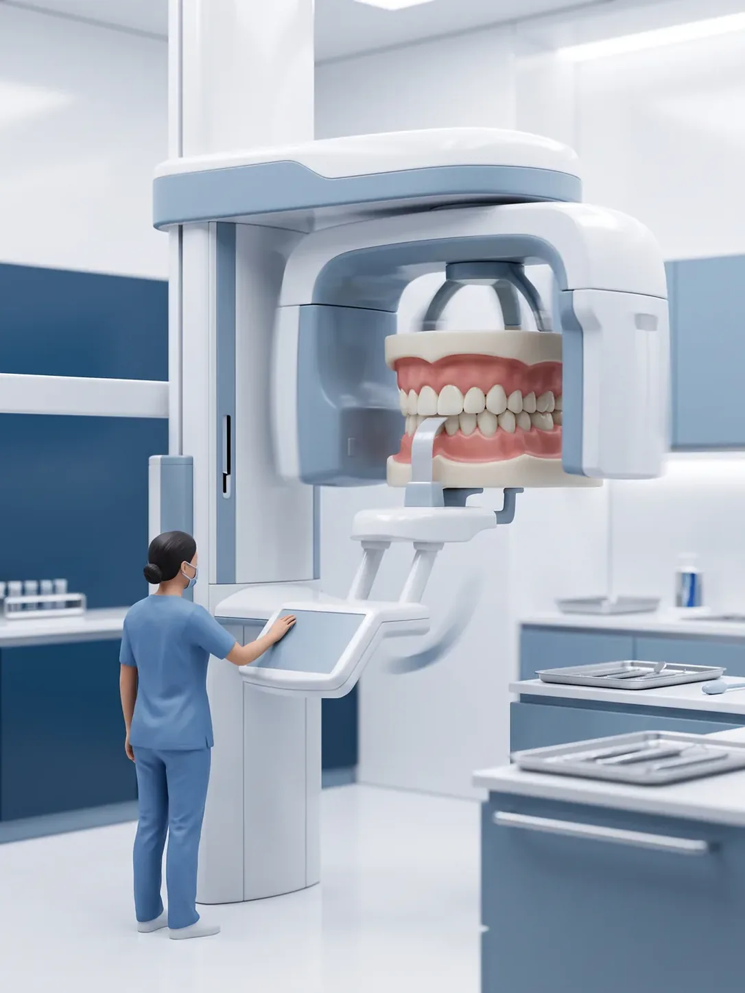 Diorama en miniatura: sala de radiología con un equipo de columna y brazo giratorio, una arcada dental gigante en el soporte y una figura de personal dental en el puesto de control