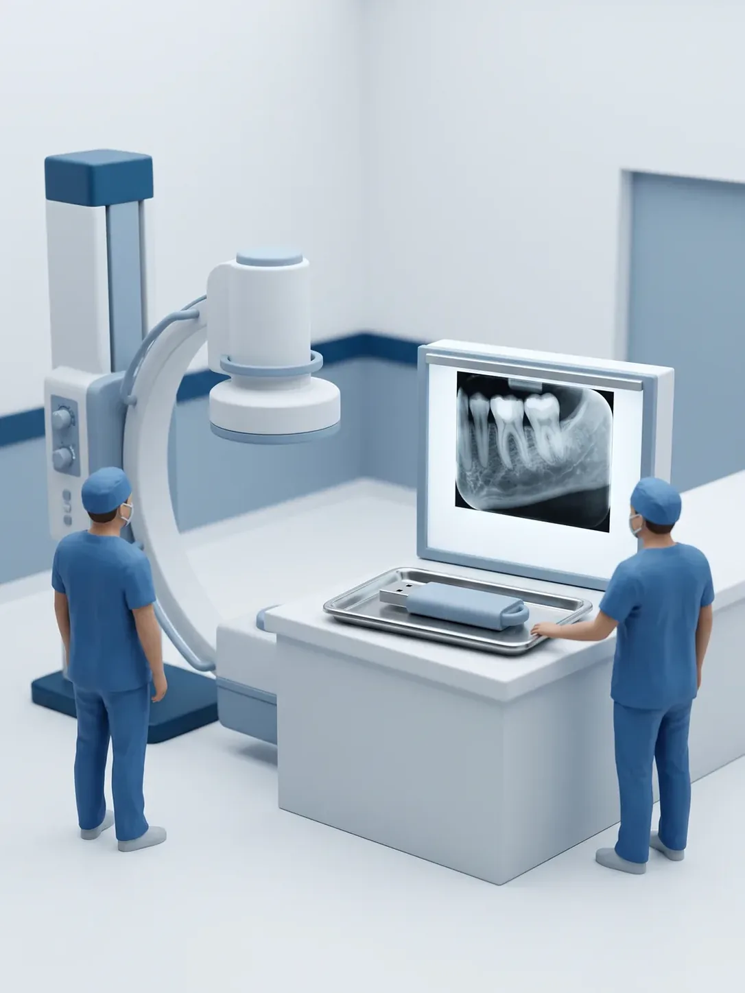 El equipo de radiología de brazo en C, la memoria USB en su bandeja y la radiografía dental en pantalla, con dos figuras de personal dental, en Metepec