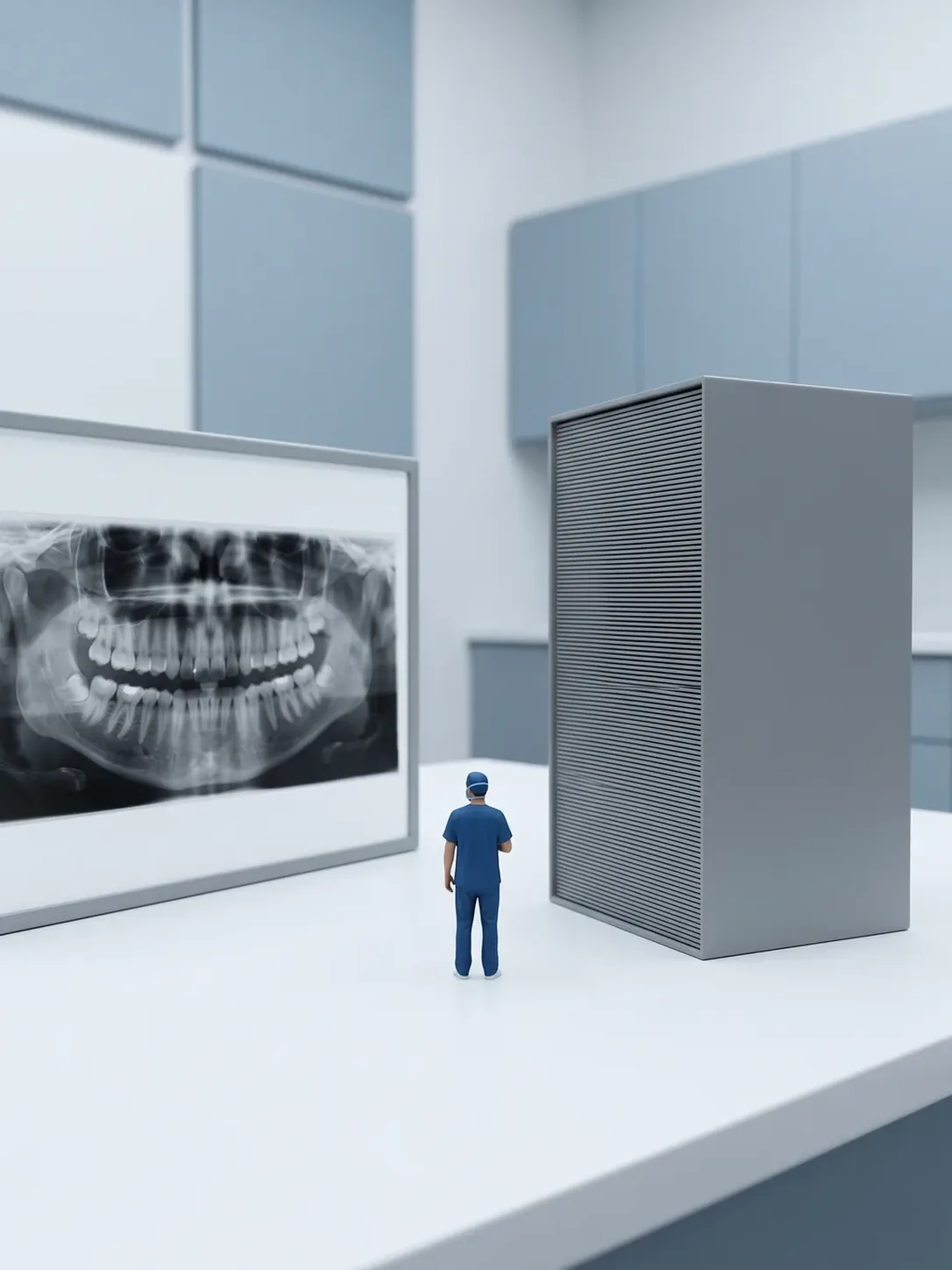 La radiografía panorámica aplanada en su negatoscopio junto al bloque de volumen tridimensional formado por cortes apilados, en tomografía dental 3D para pacientes de Toluca