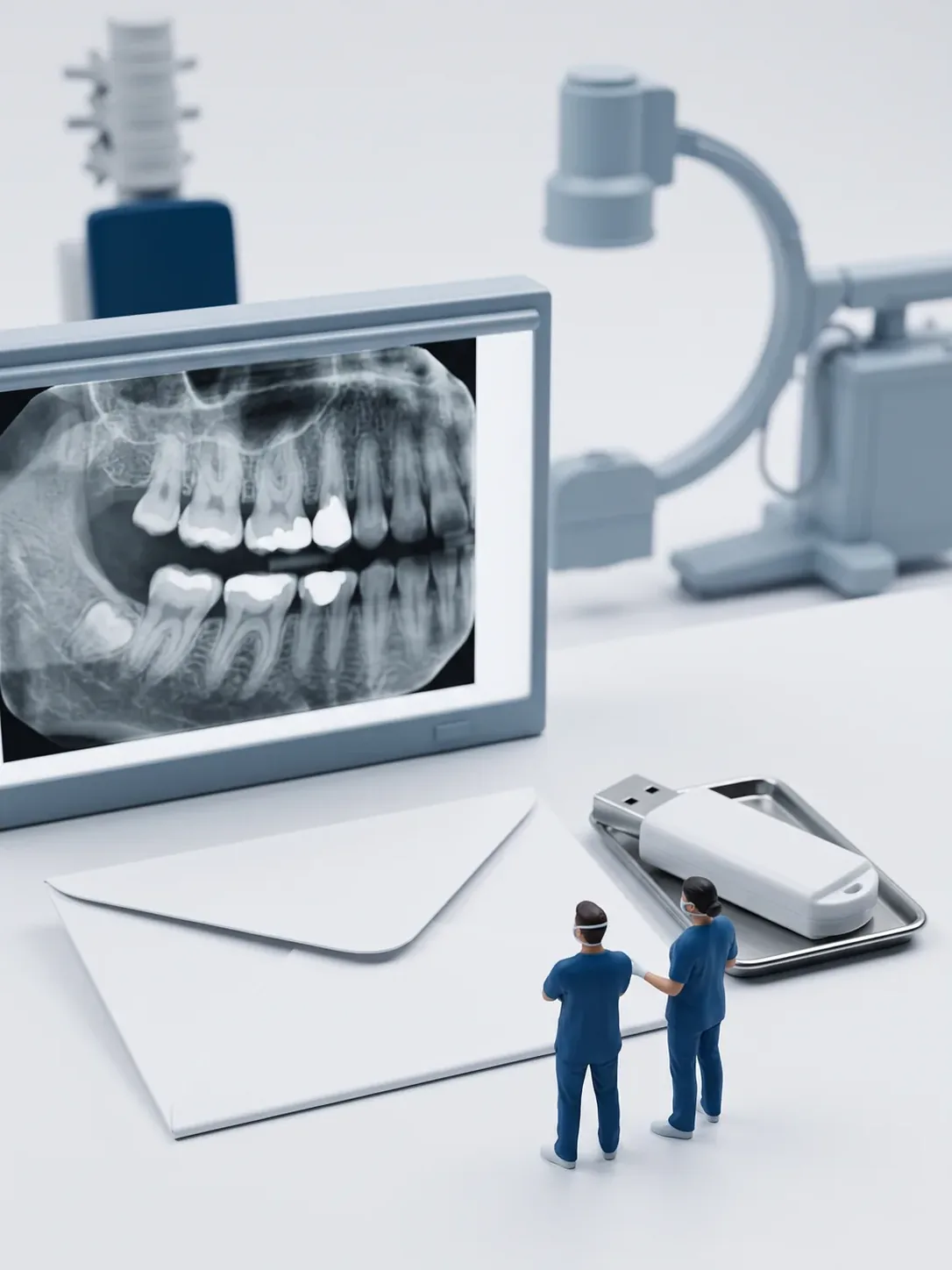 Un sobre rígido cerrado y una memoria USB sin marca sobre la bandeja, frente a la radiografía dental encendida y el equipo de brazo en C al fondo, en Toluca