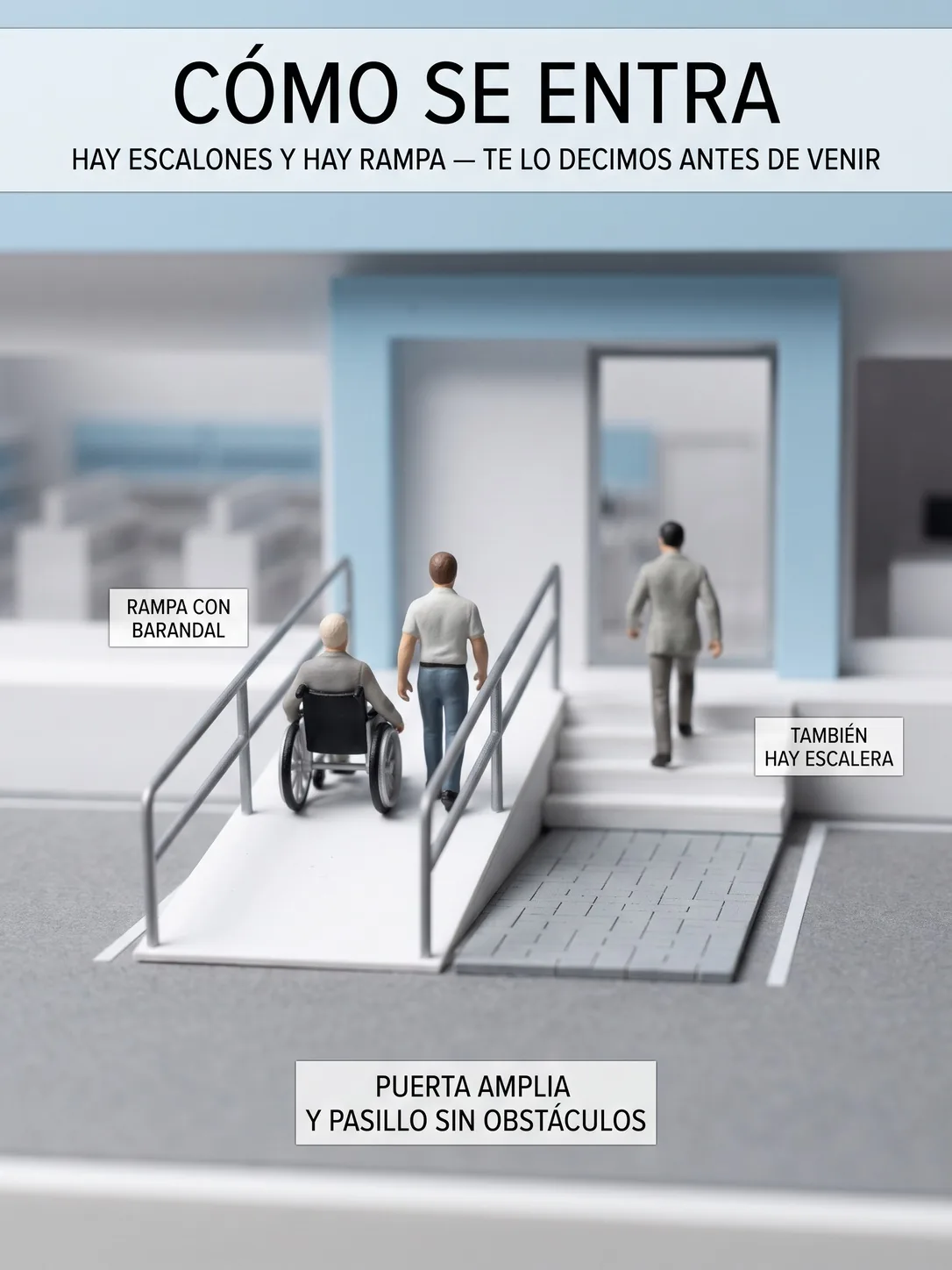 Entrada accesible de Novodent, con rampa y escaleras